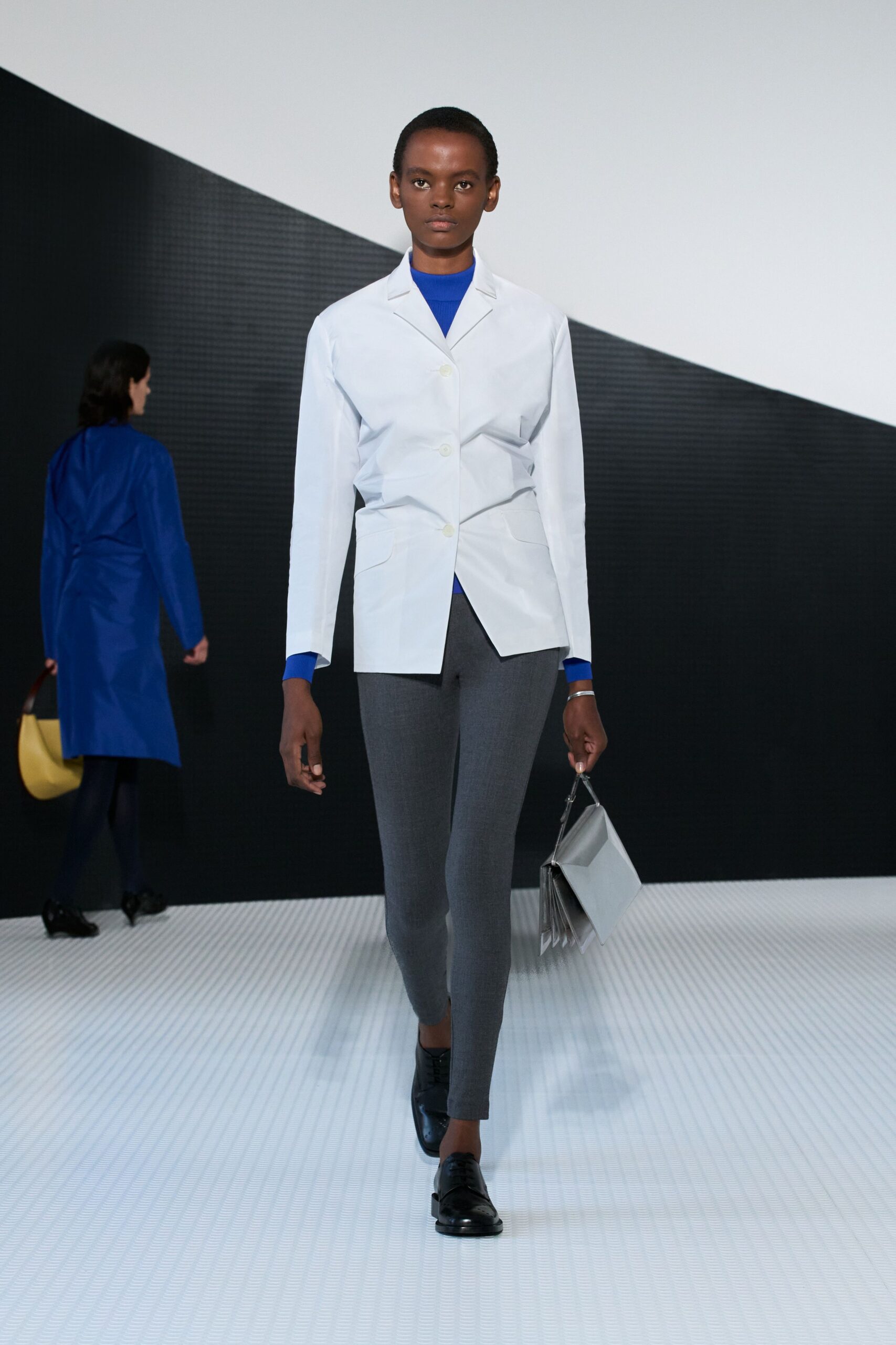 white tailored blazer with blue top