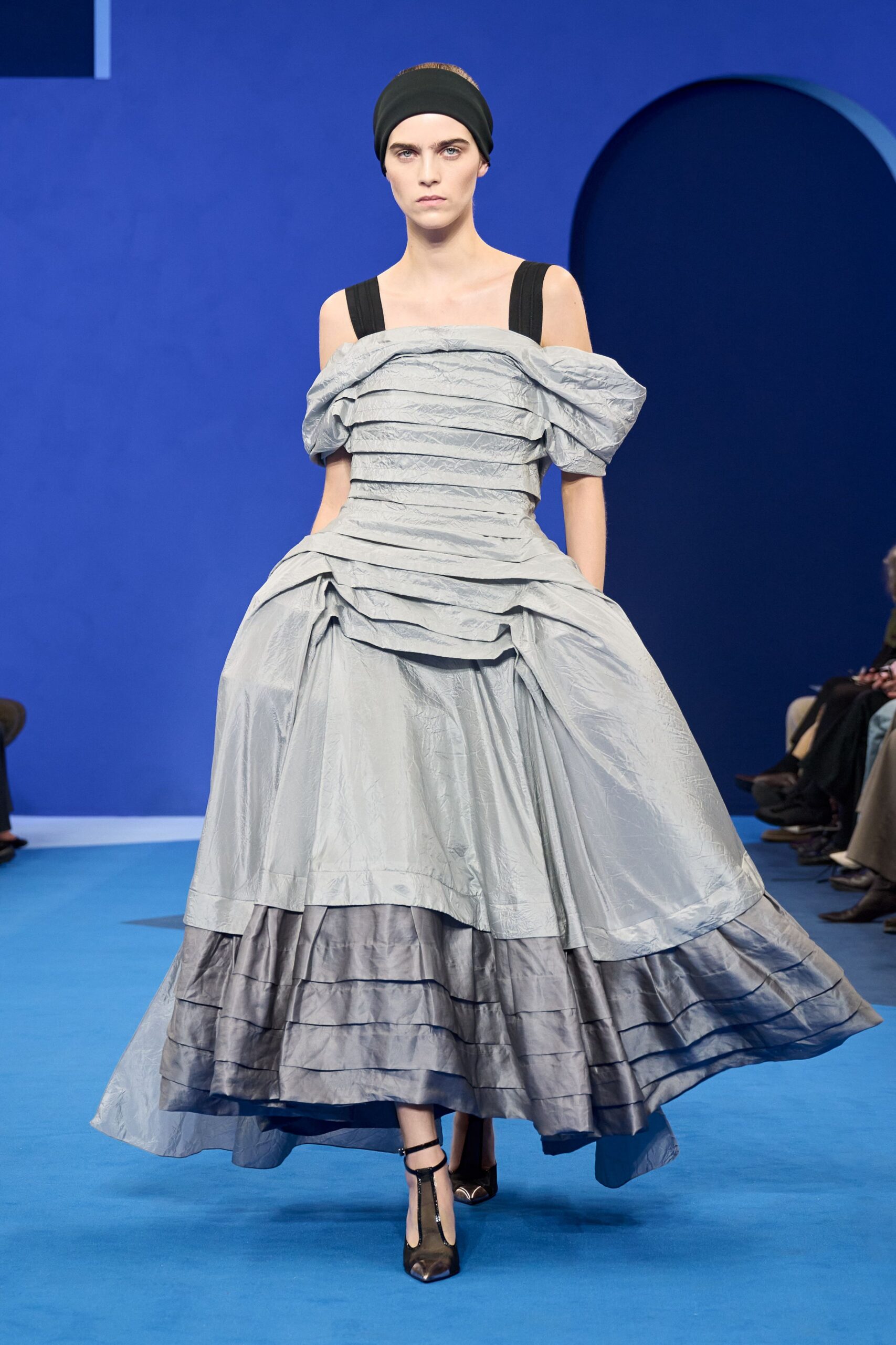 gray silk sleeveless off-shoulder fitted ruffled layered dress