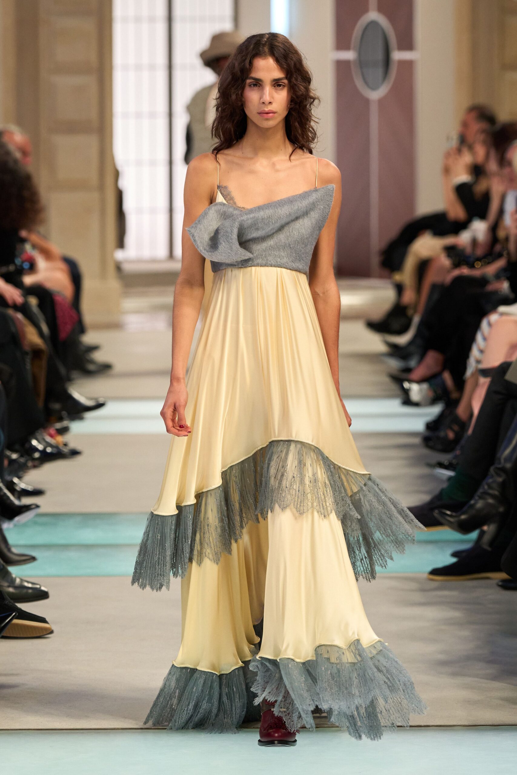 yellow silk sleeveless off-shoulder fitted tiered ruffled dress