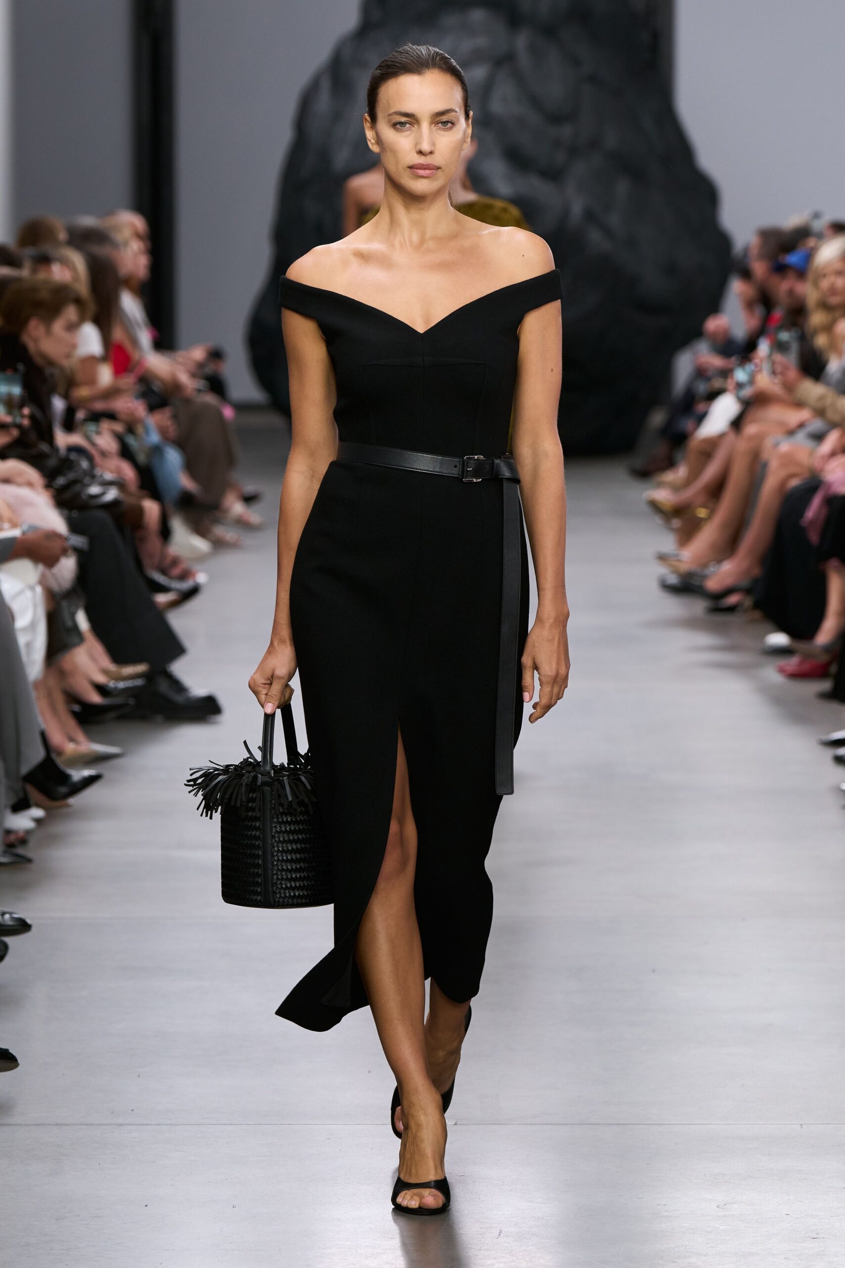 black cotton off-shoulder v-neck fitted belted midi dress