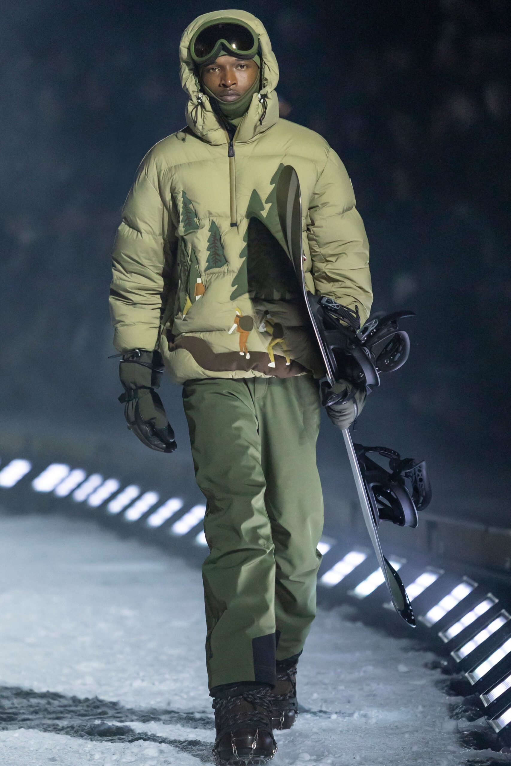 green printed jacket with cargo pants