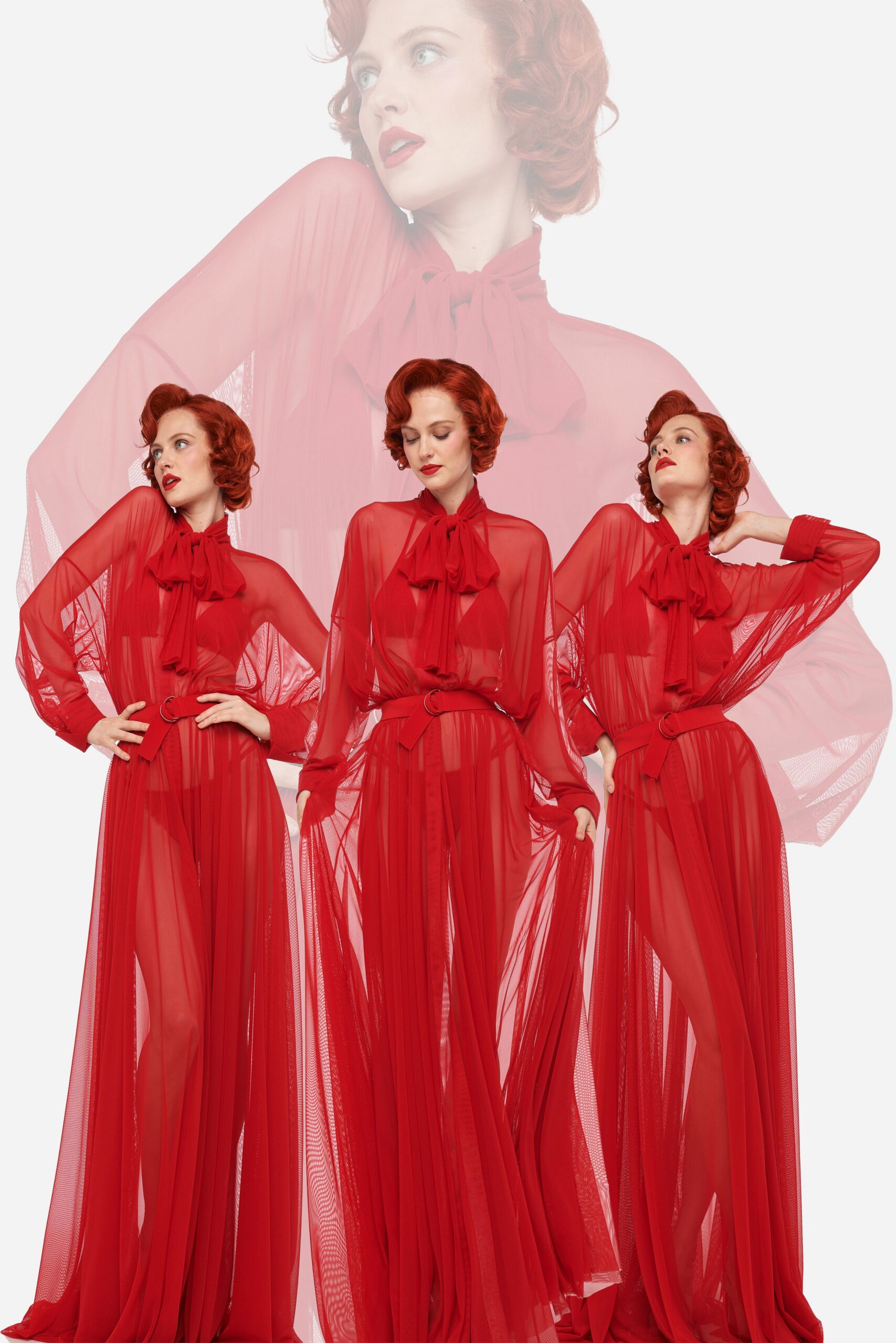red flowing chiffon gown