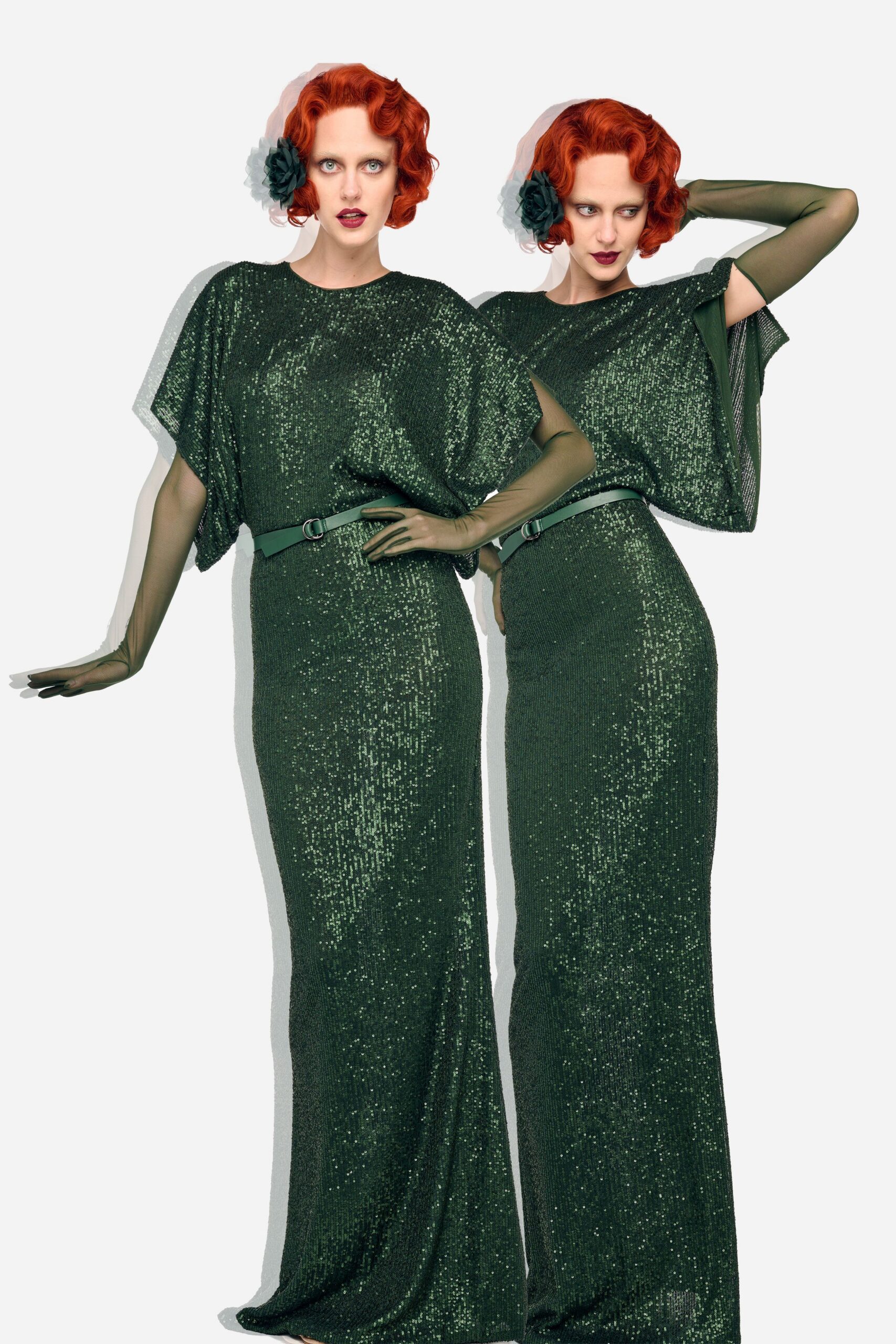 green sequin sleeveless high-neck fitted layered shiny gown