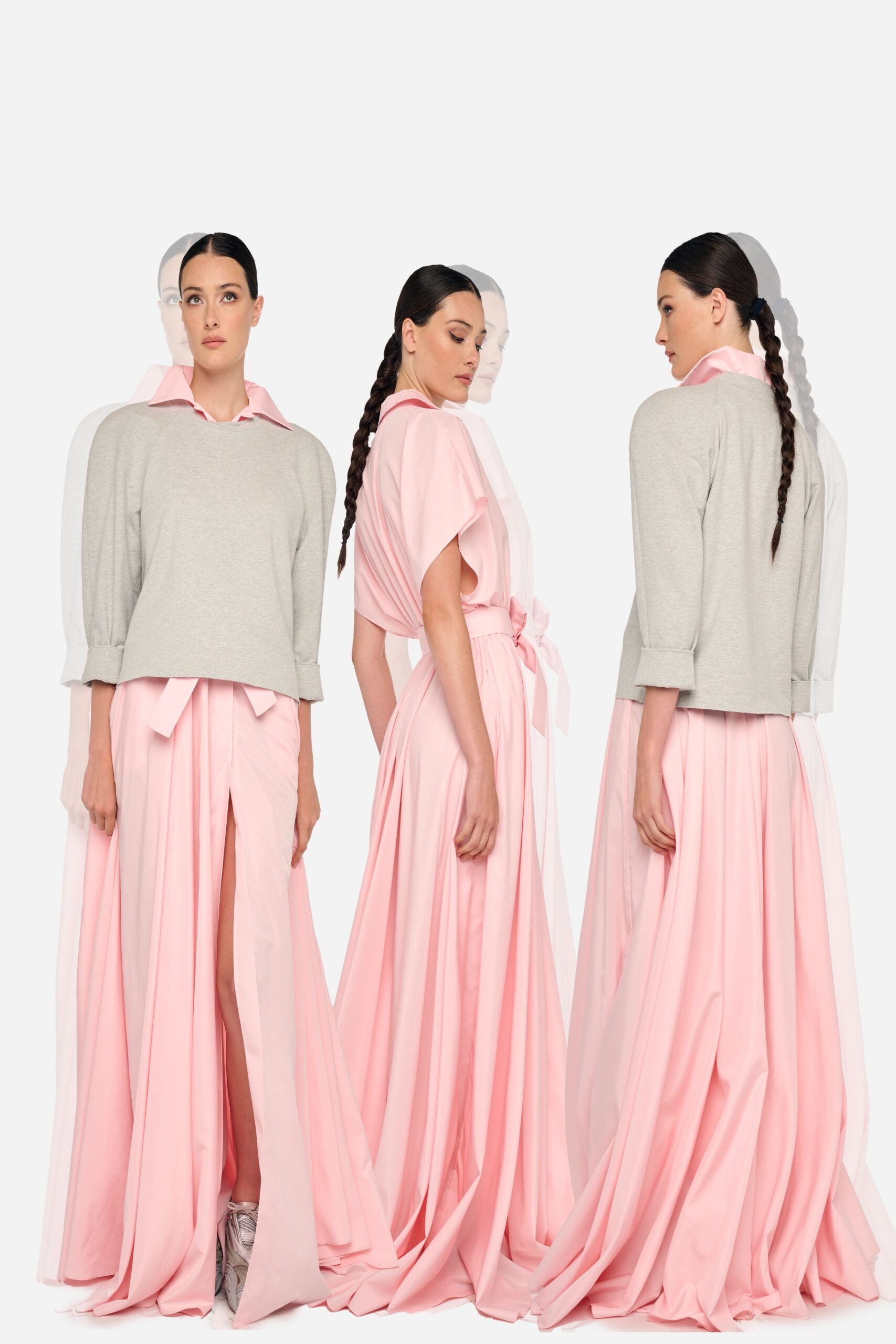 pink silk slit fitted high-waisted pleated flowing skirt
