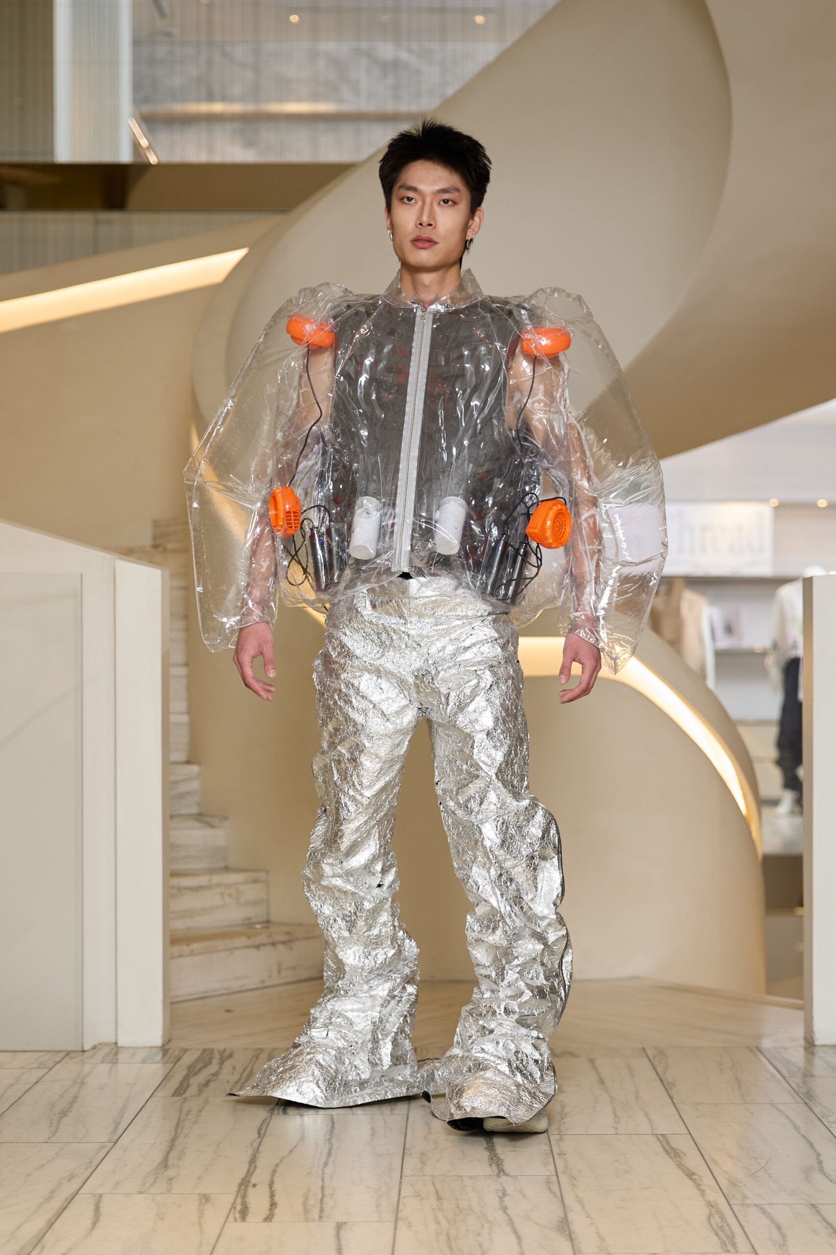 clear vinyl long-sleeve collared relaxed zippered shiny jacket