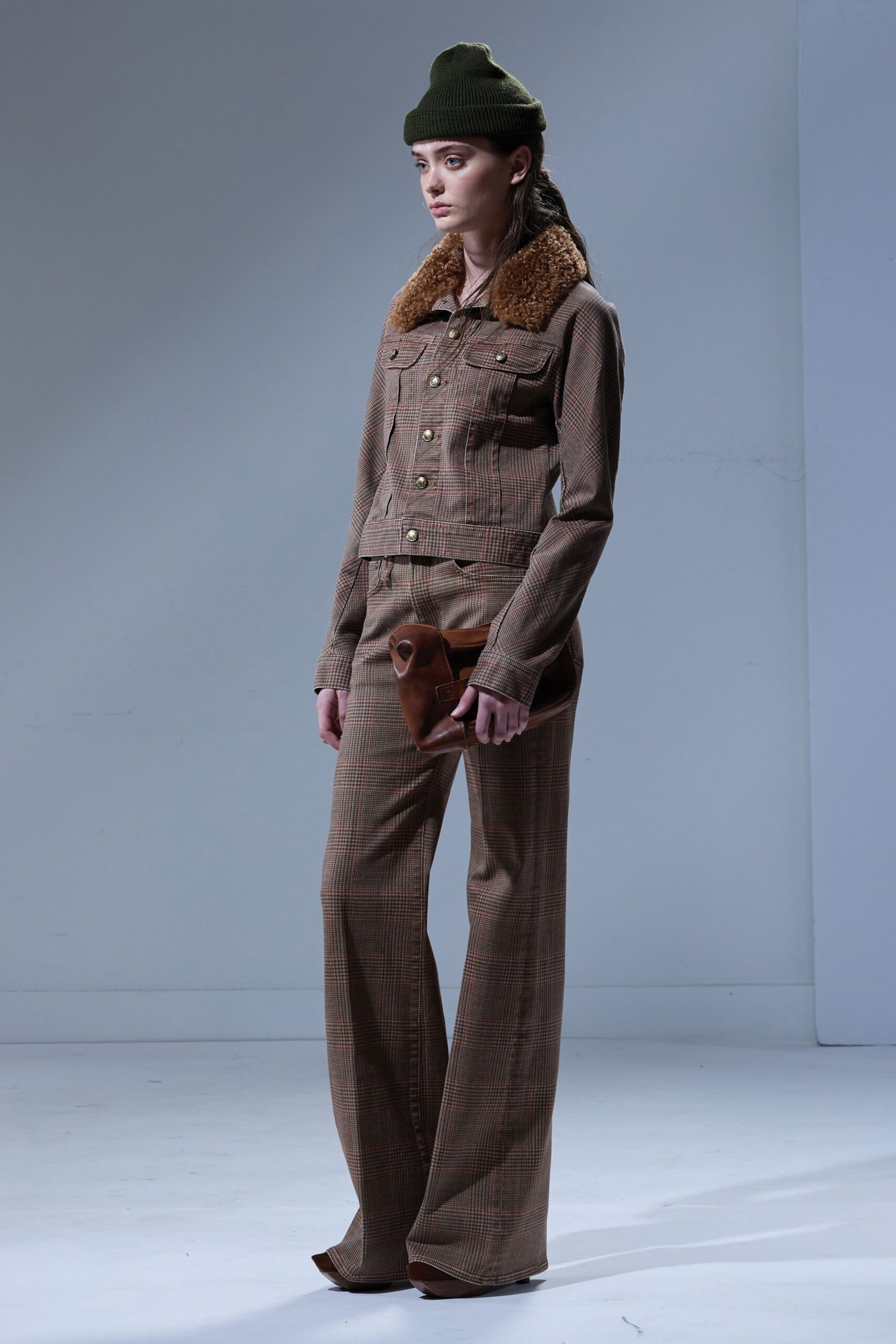 brown fitted jacket with wide-leg pants
