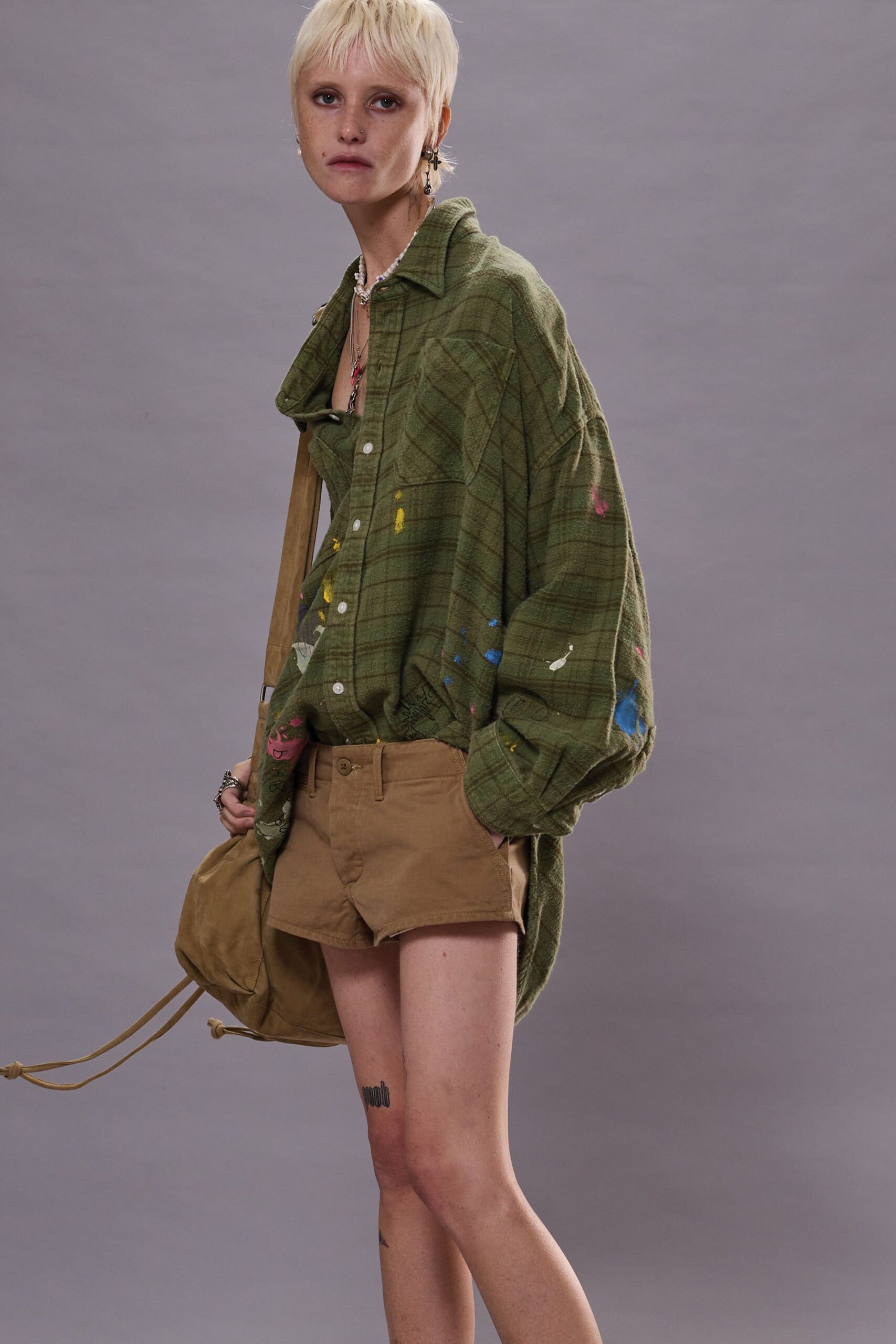 green cotton long-sleeve collared oversized checked embroidered shirt