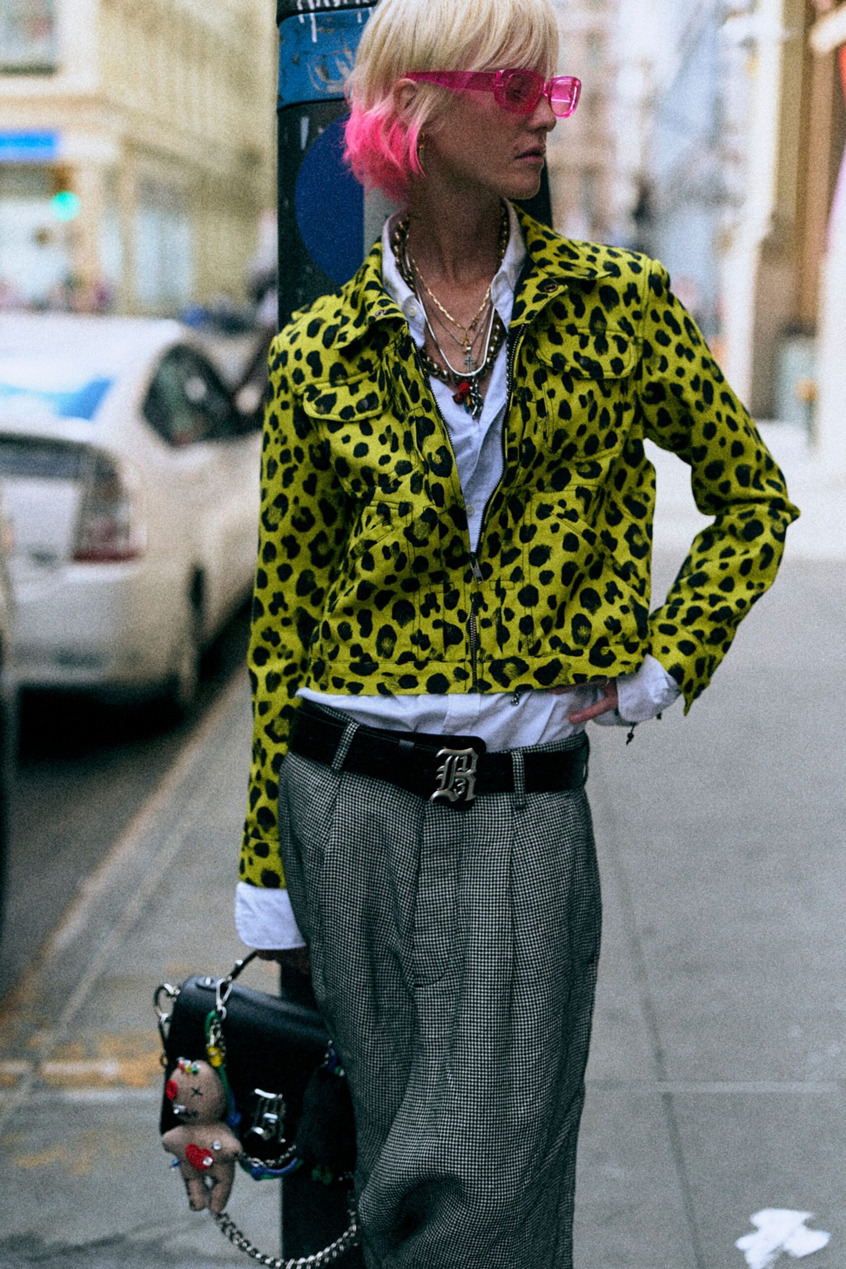 yellow cotton long-sleeve collared fitted animal-print jacket