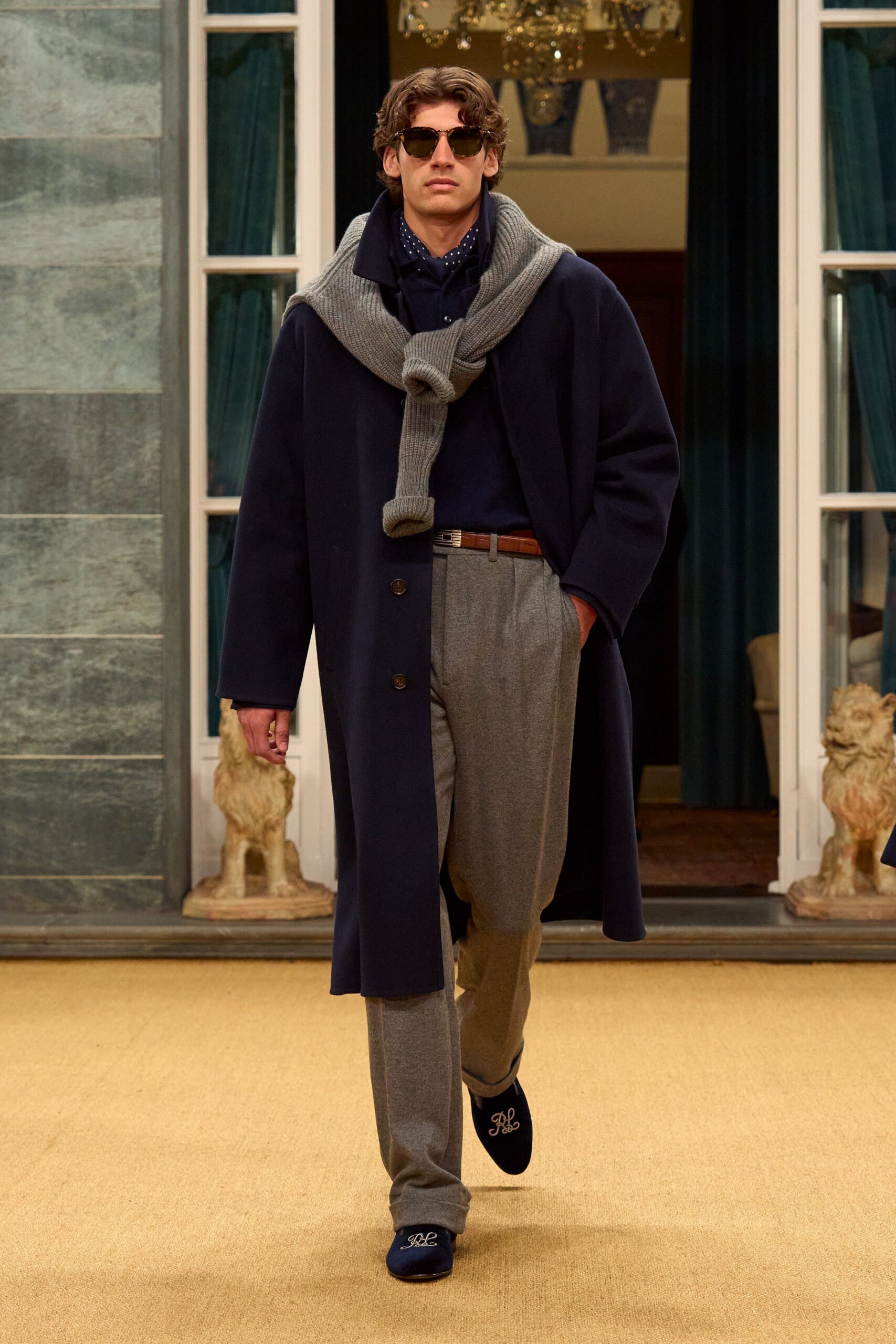 navy wool coat with gray pants