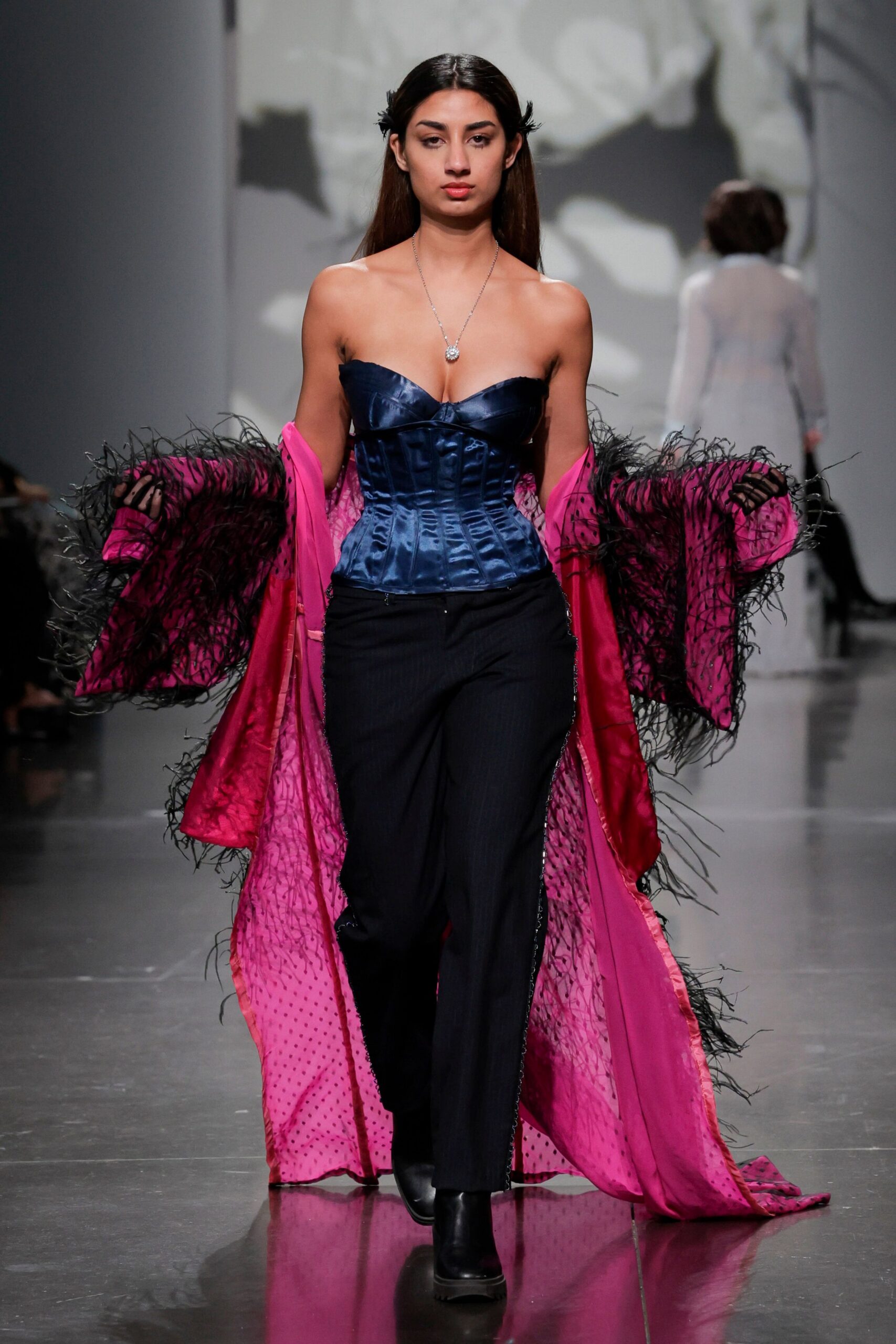 blue silk corset with pink cape