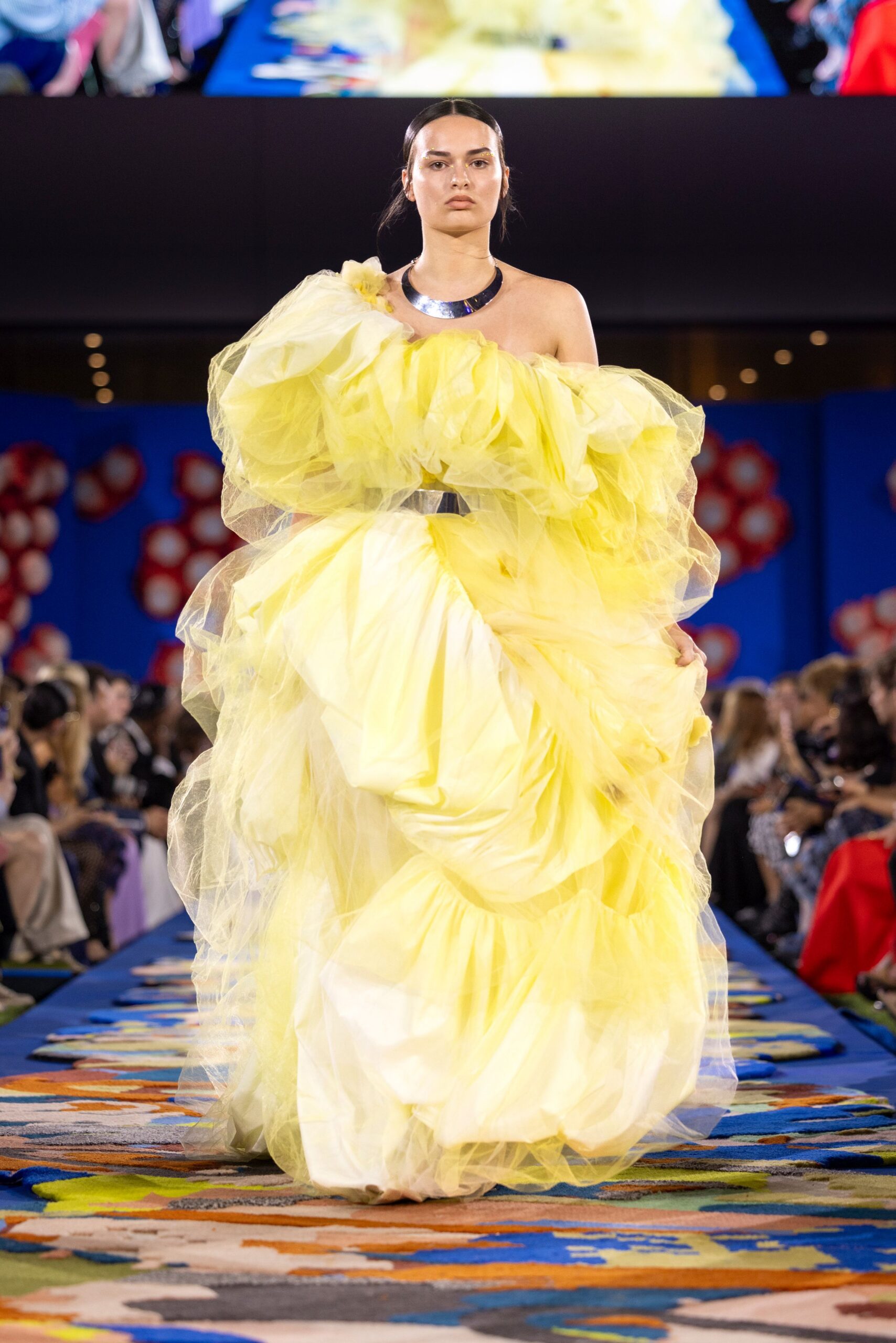 yellow off-shoulder tiered gown