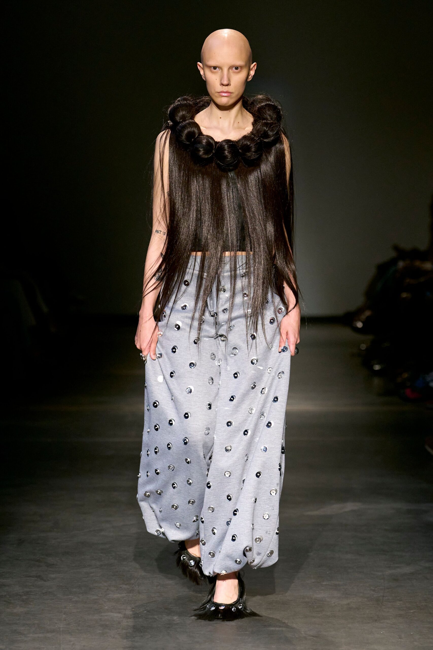 gray embellished top and pants