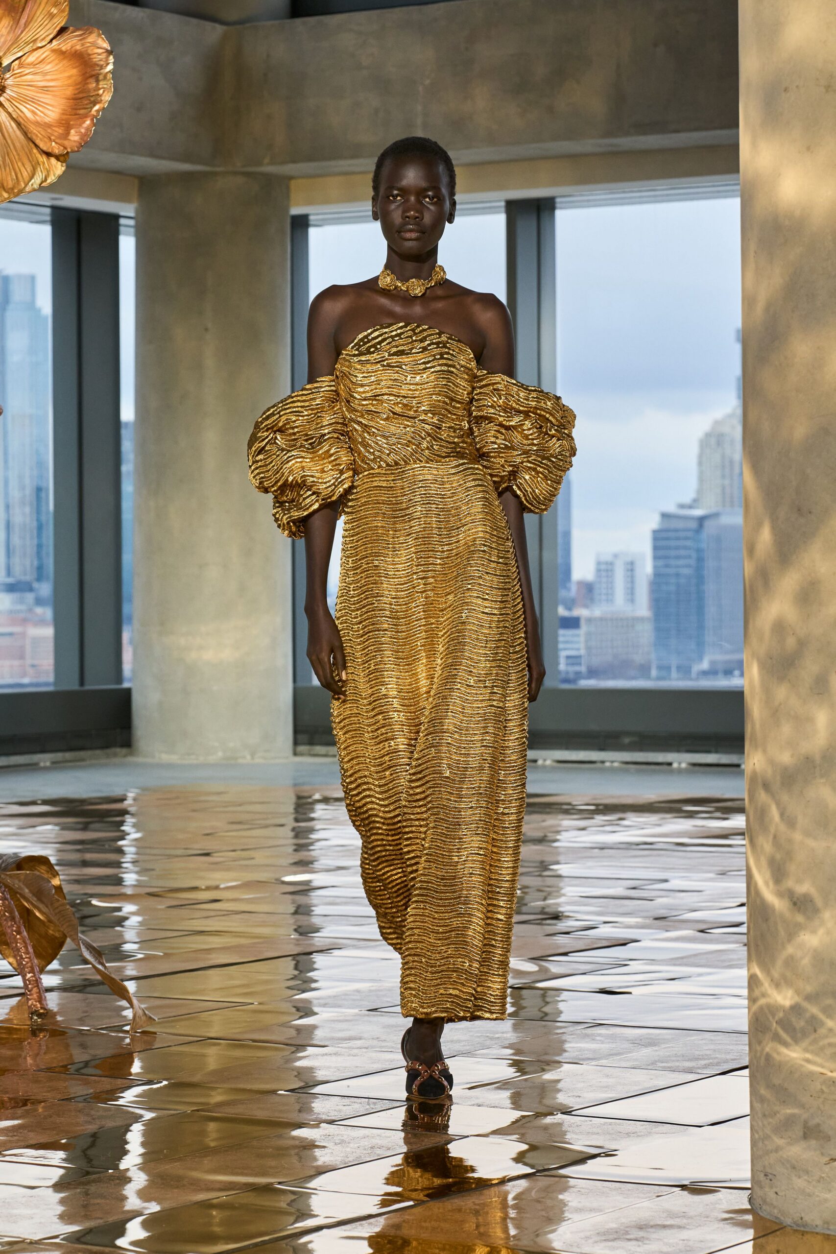 gold silk strapless fitted pleated shiny maxi gown