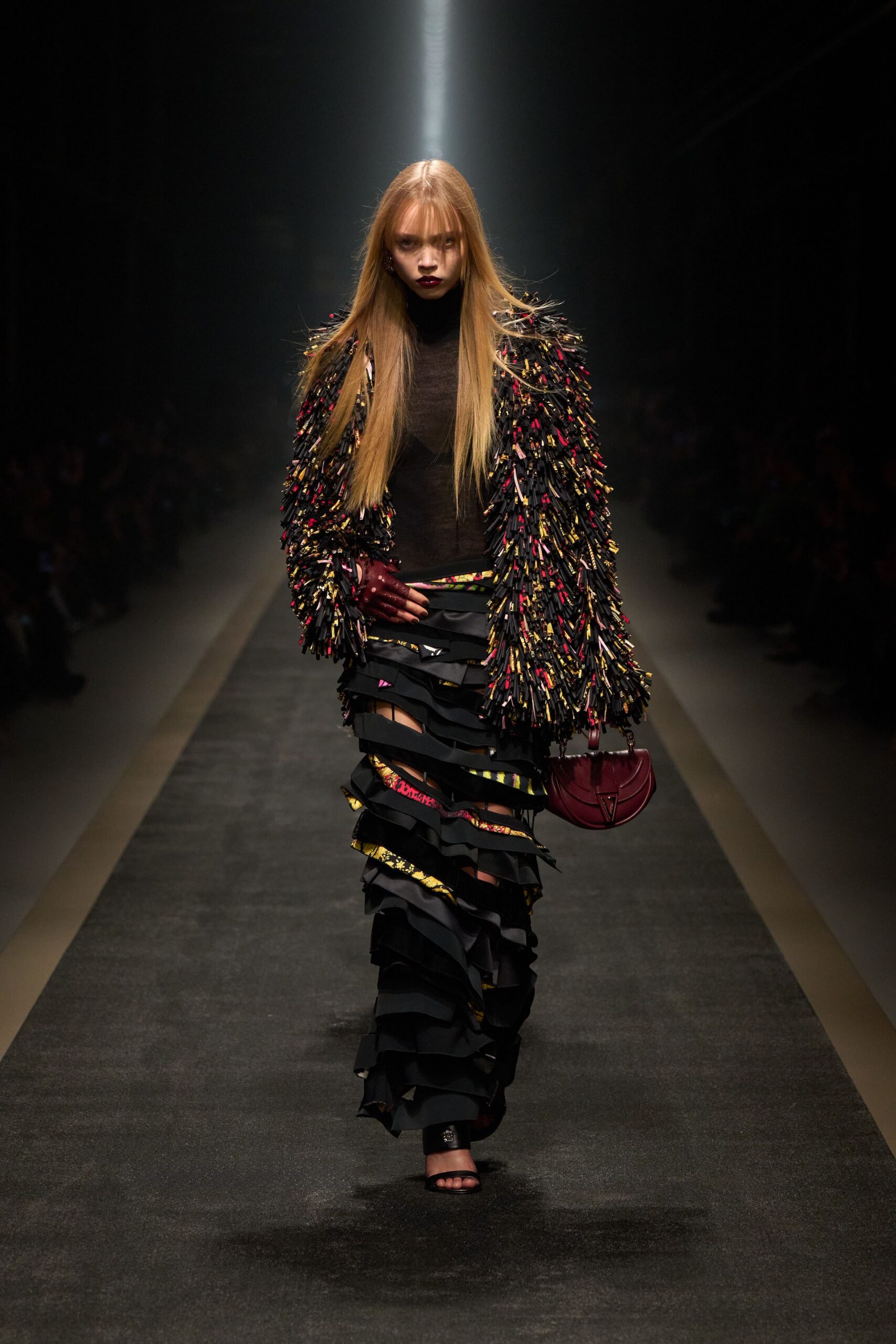 multi-colored fringed jacket with tiered skirt
