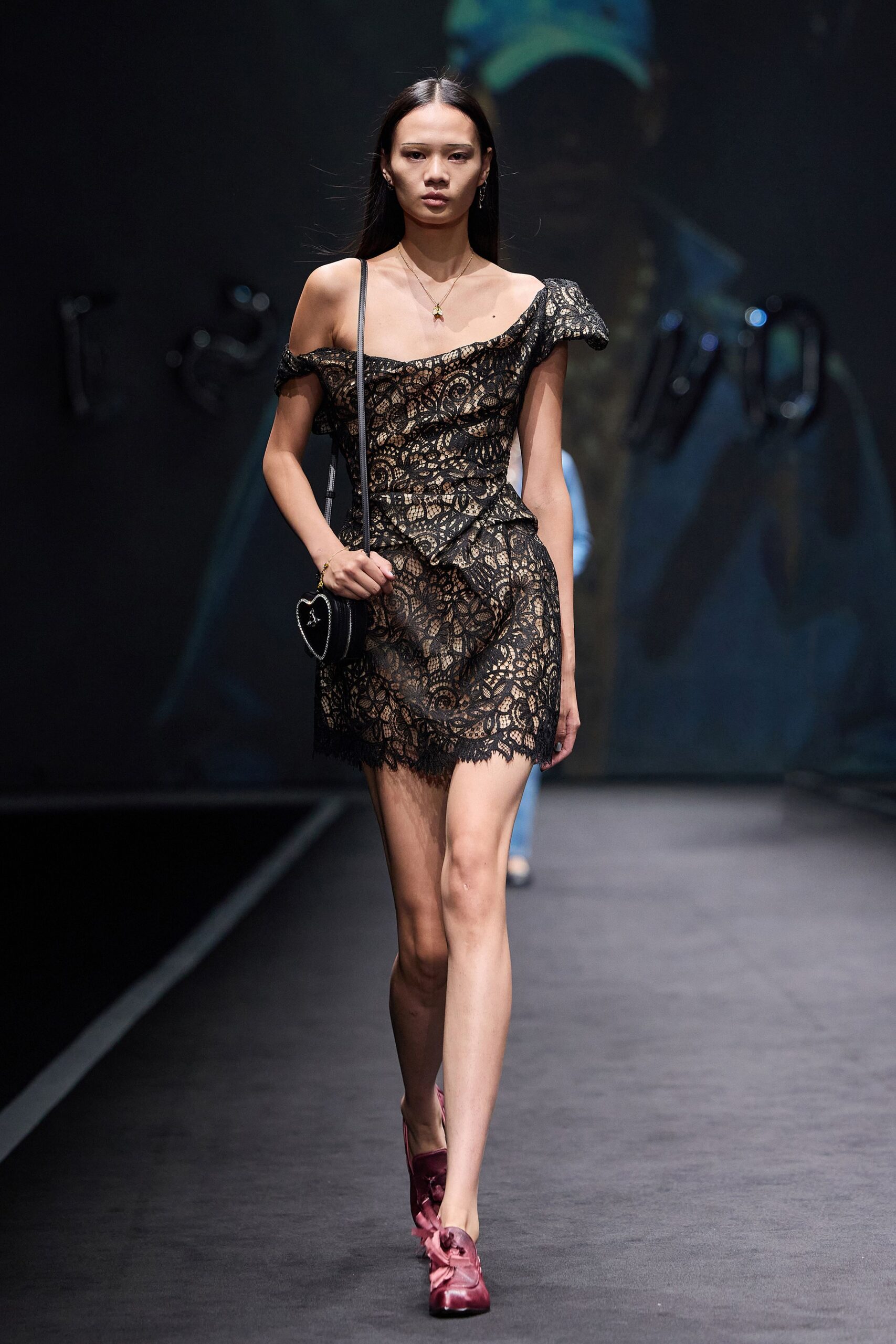 black lace off-shoulder short-sleeve fitted ruffled sheer dress