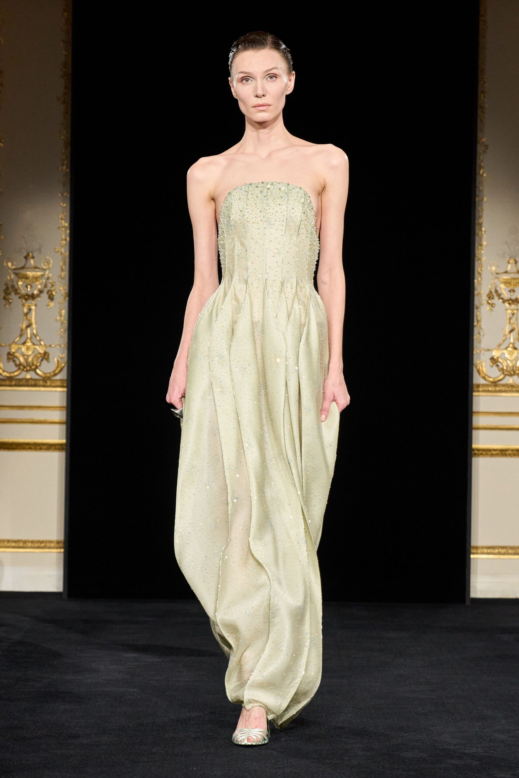 green silk strapless fitted pleated embellished shiny gown