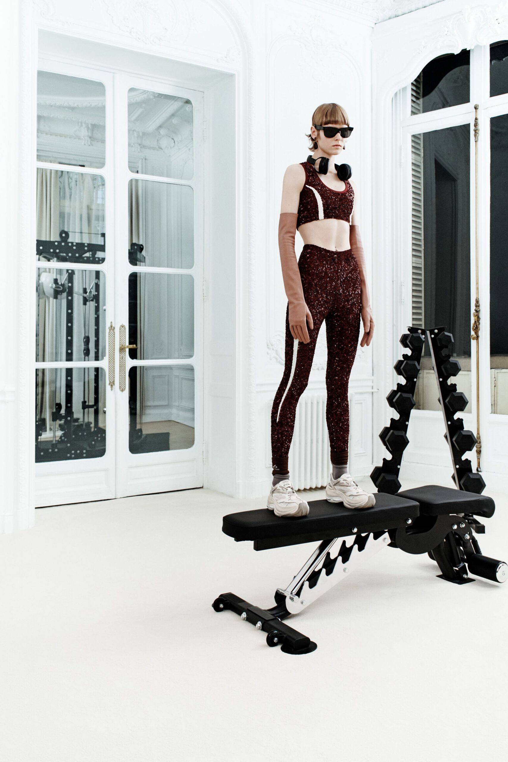 red cotton fitted sequined leggings