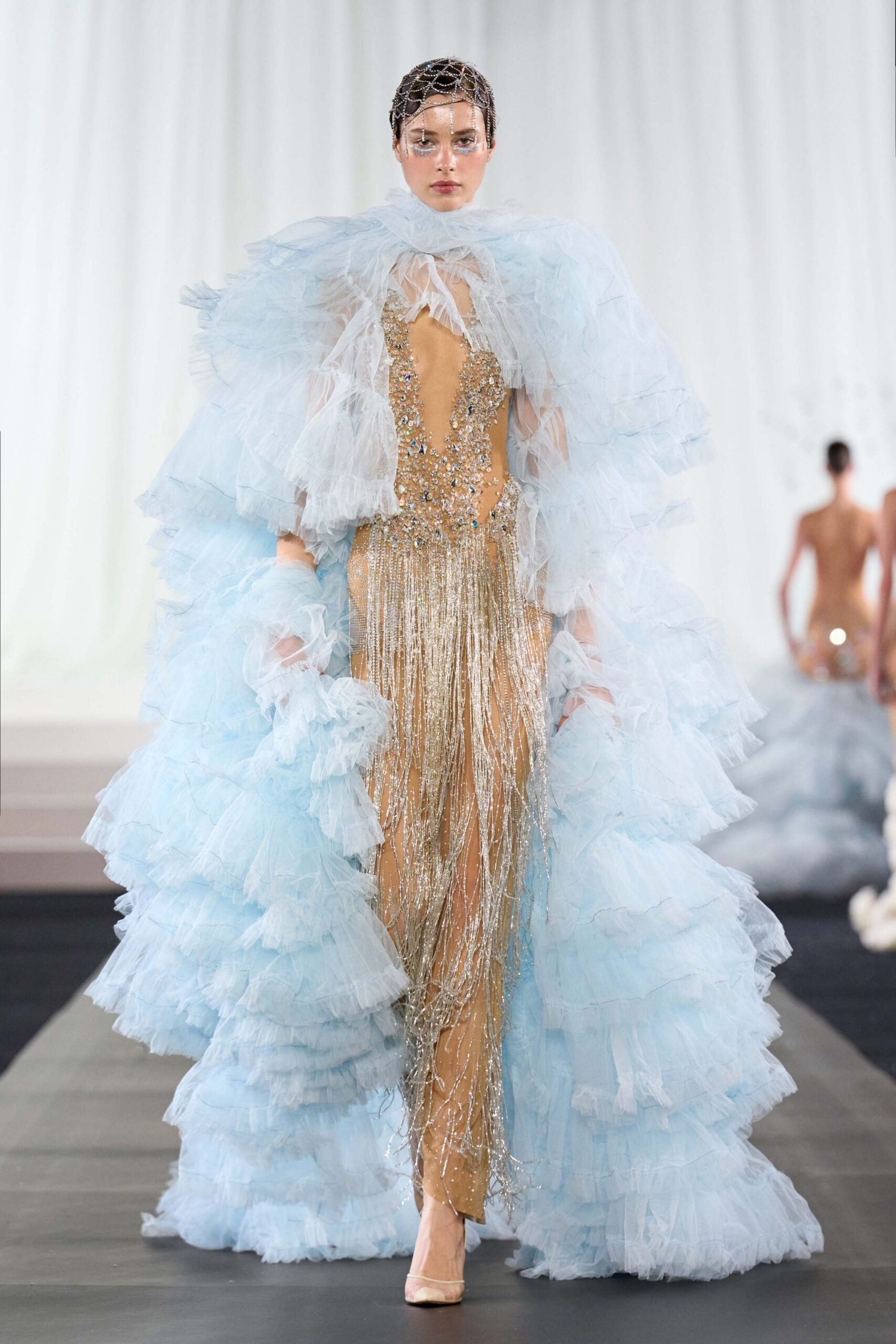 blue tulle oversized layered flowing cape