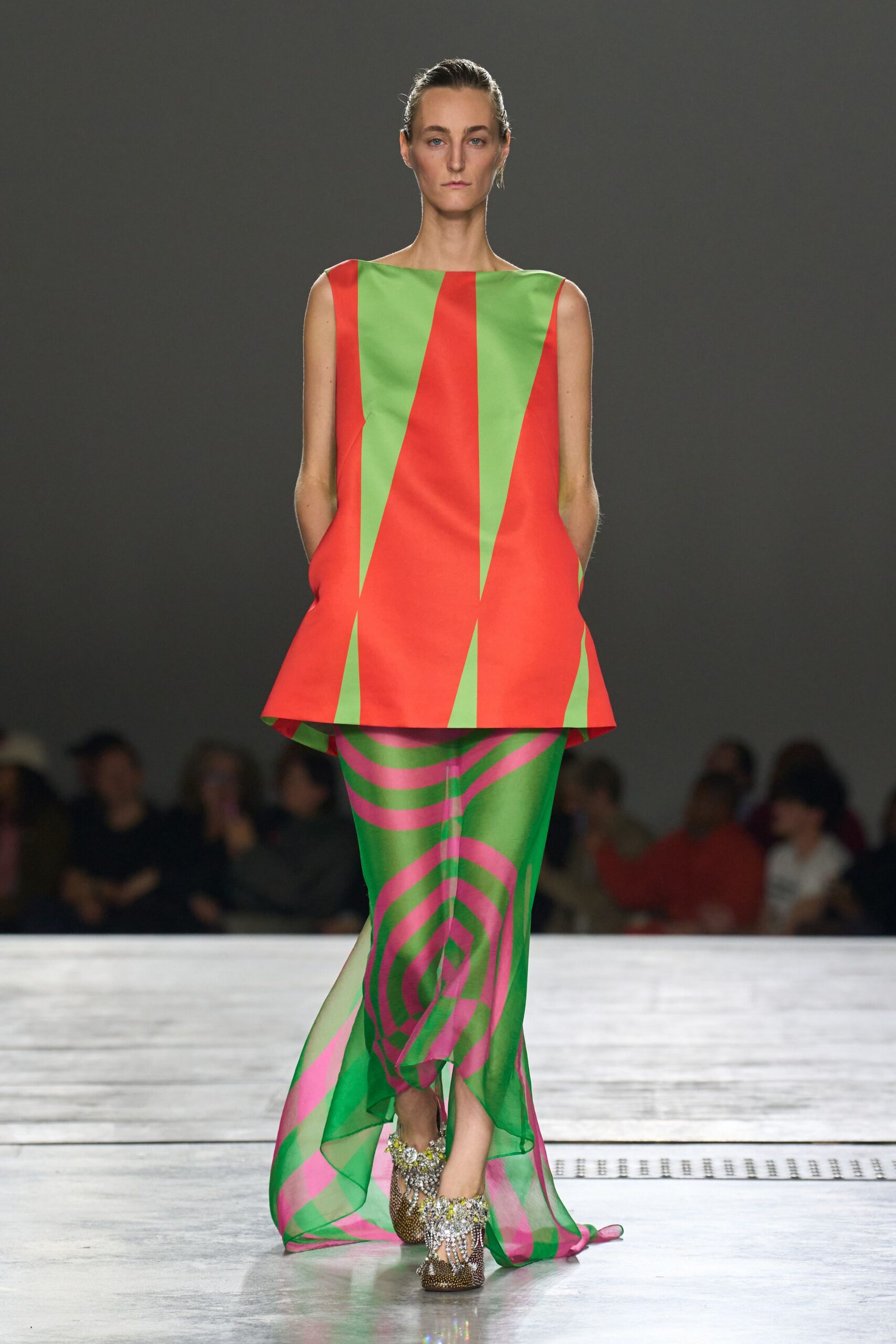 color-blocked top with flowing skirt