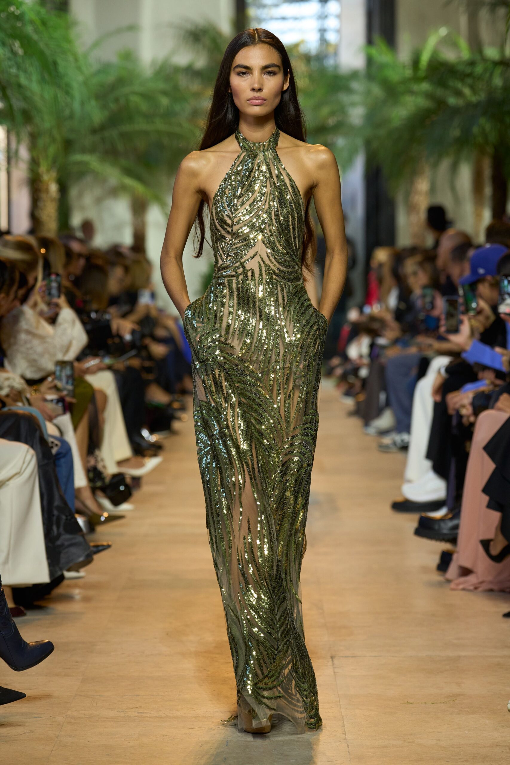 green silk sleeveless high-neck fitted sequined draped gown