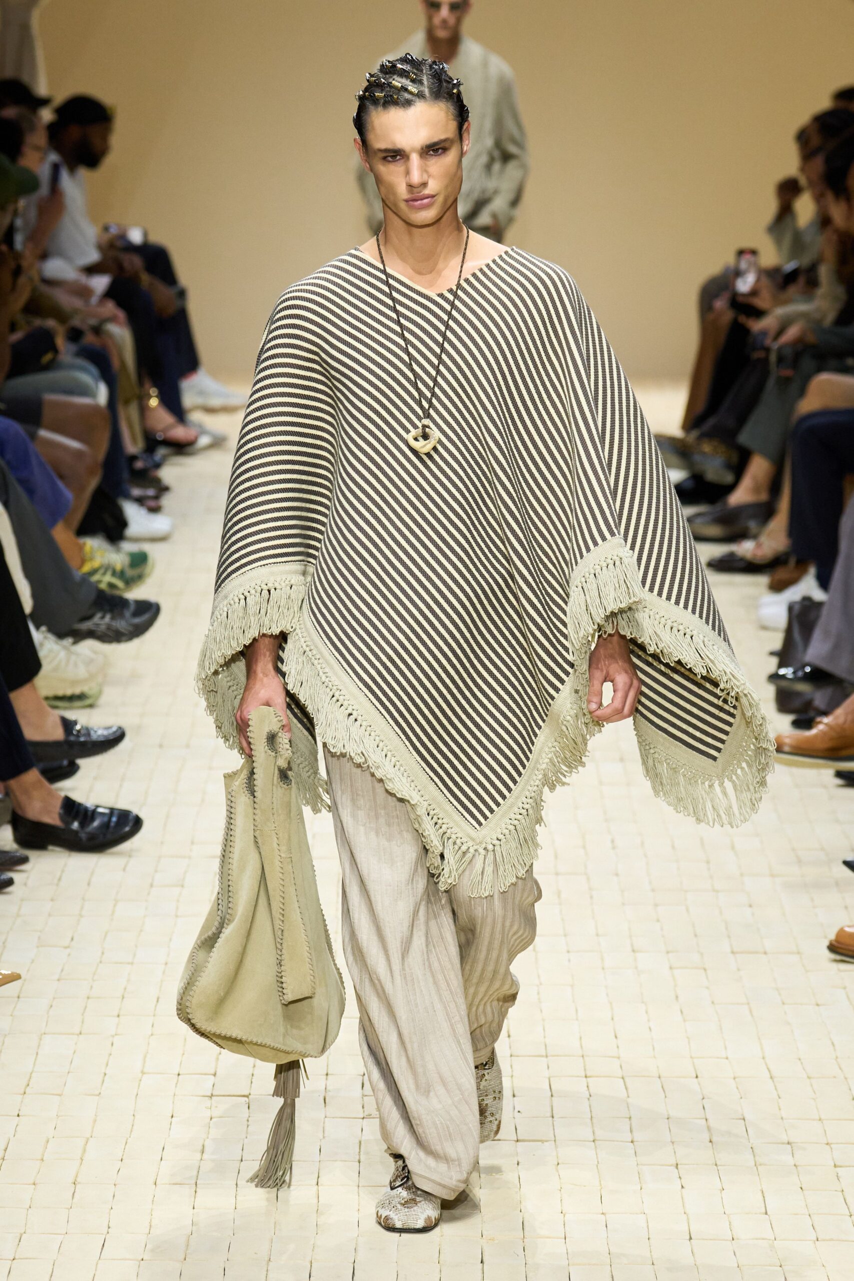 beige cotton sleeveless relaxed striped fringed poncho