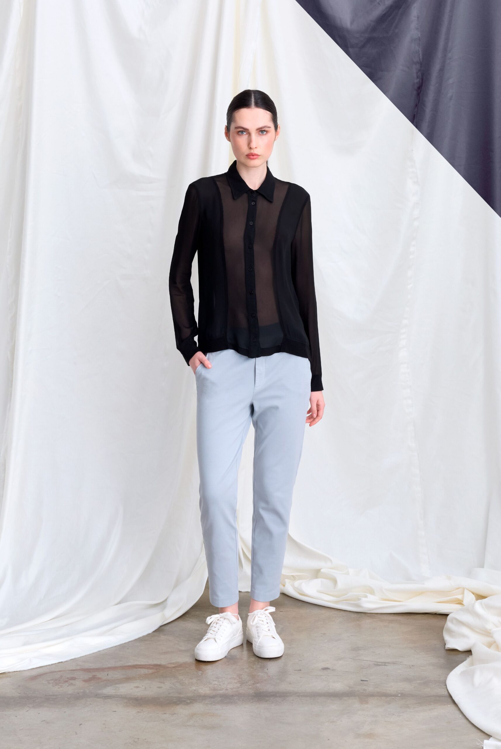 black silk long-sleeve collared fitted sheer shirt