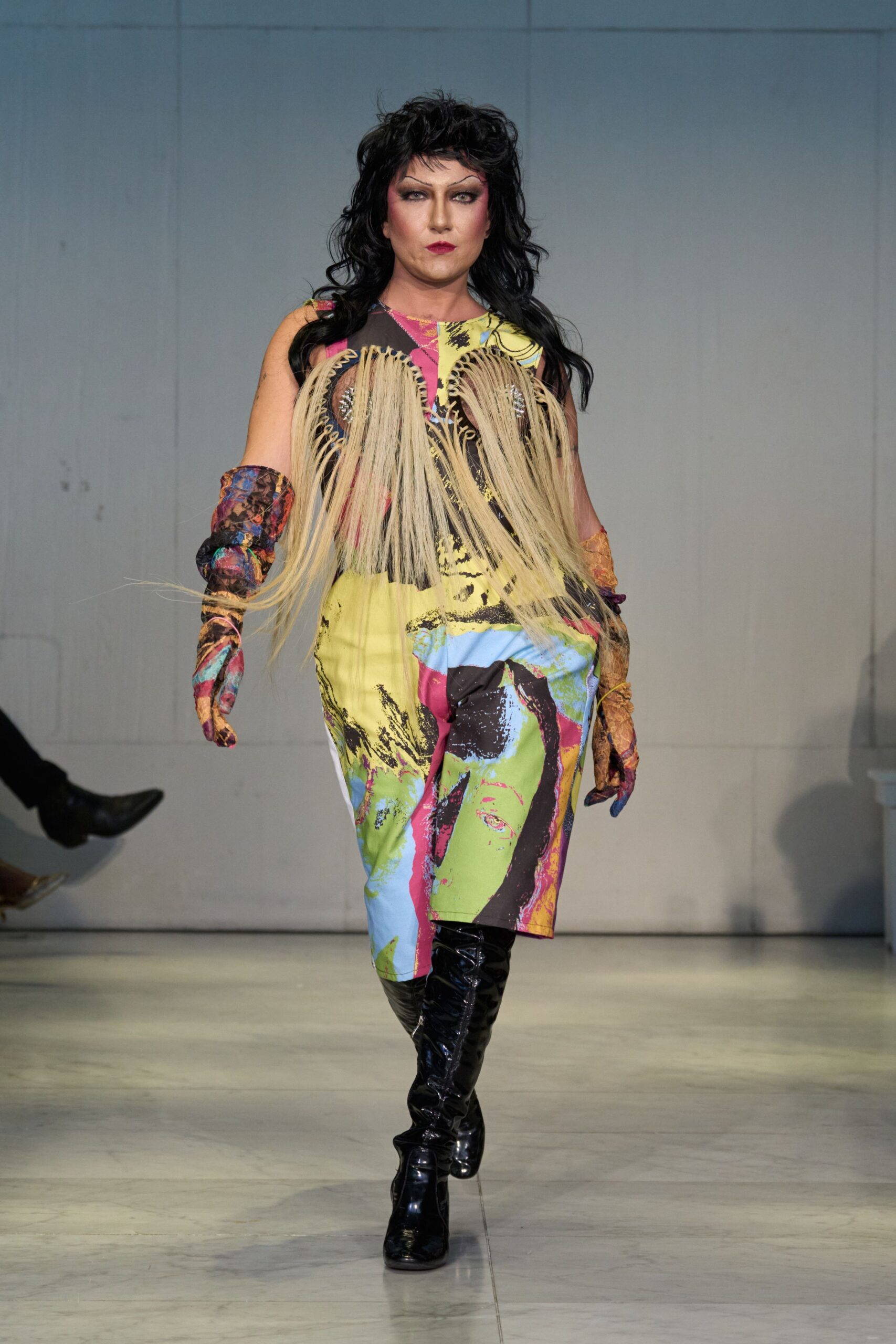 multi-colored fringed midi dress with black boots