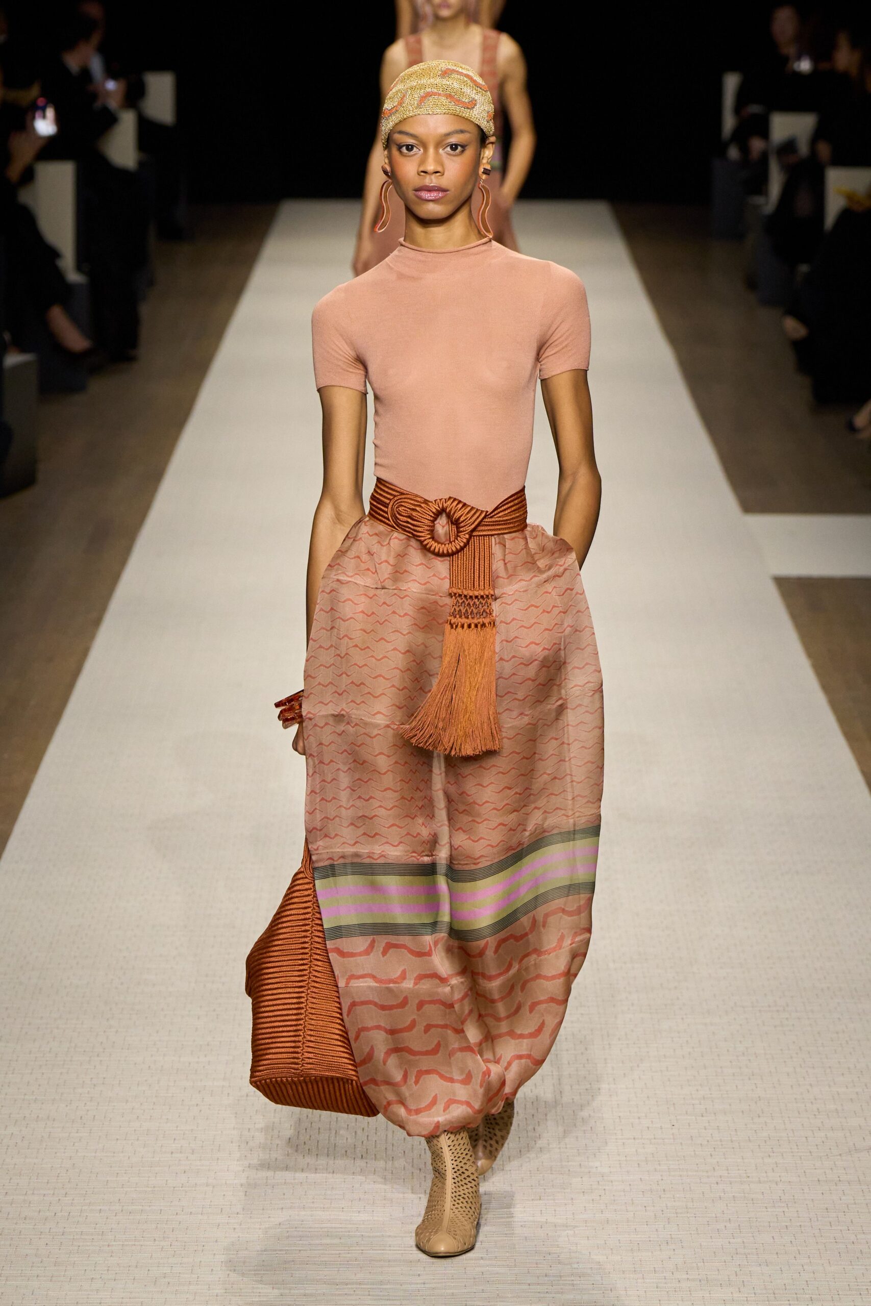 pink fitted top with maxi skirt