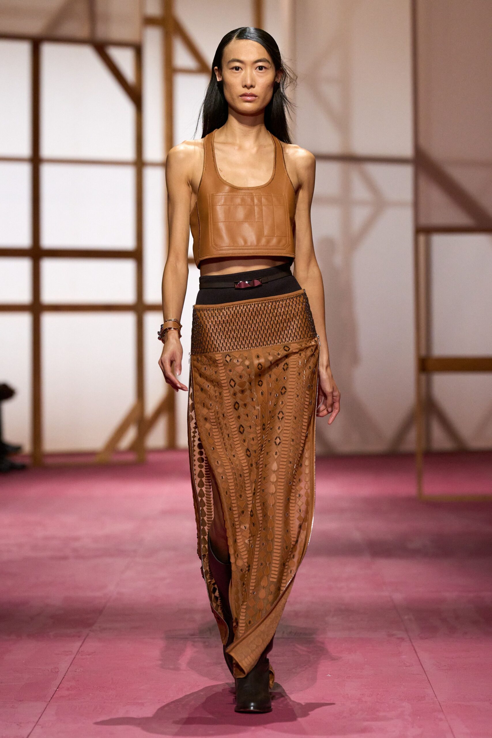 brown cotton long-sleeve relaxed embroidered tiered midi skirt