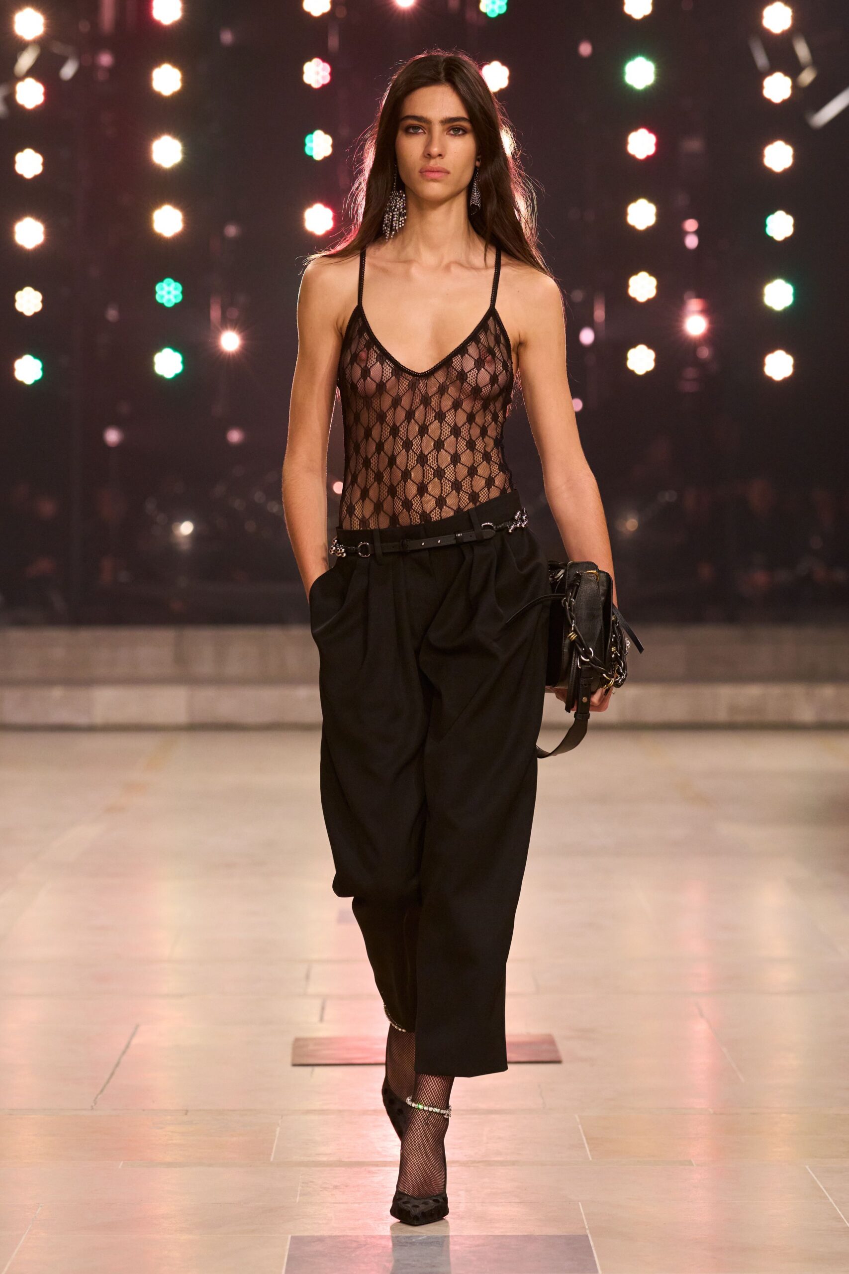black mesh bodysuit with relaxed pants