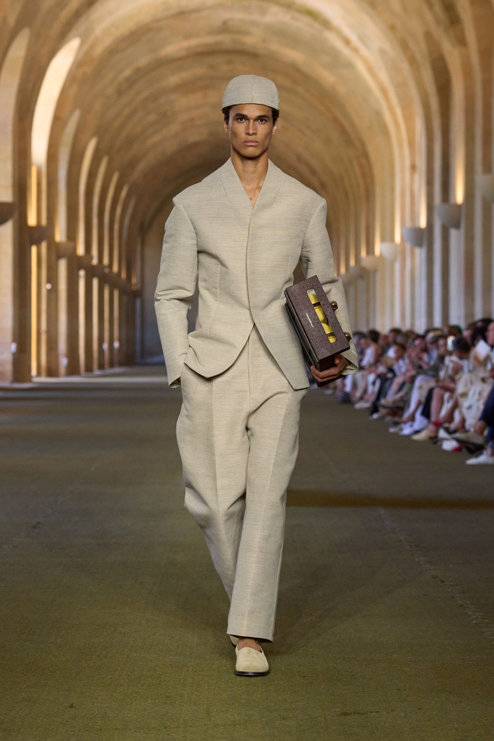 beige tailored suit with accessories