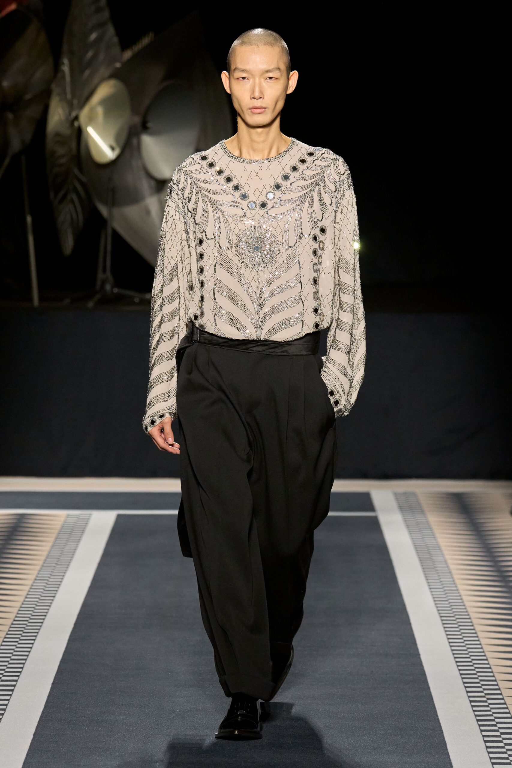 beige silk long-sleeve v-neck relaxed embroidered shiny top