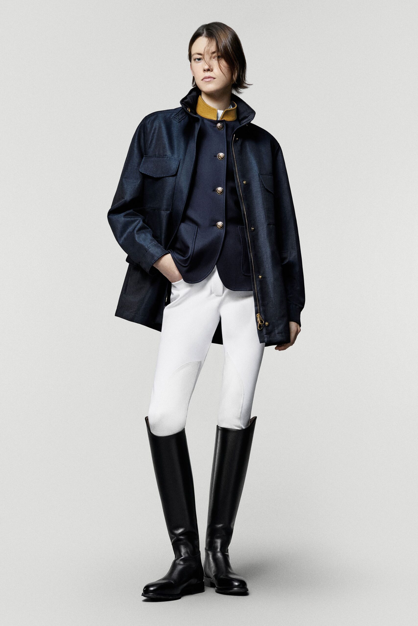 blue cotton long-sleeve collared fitted buttoned blazer