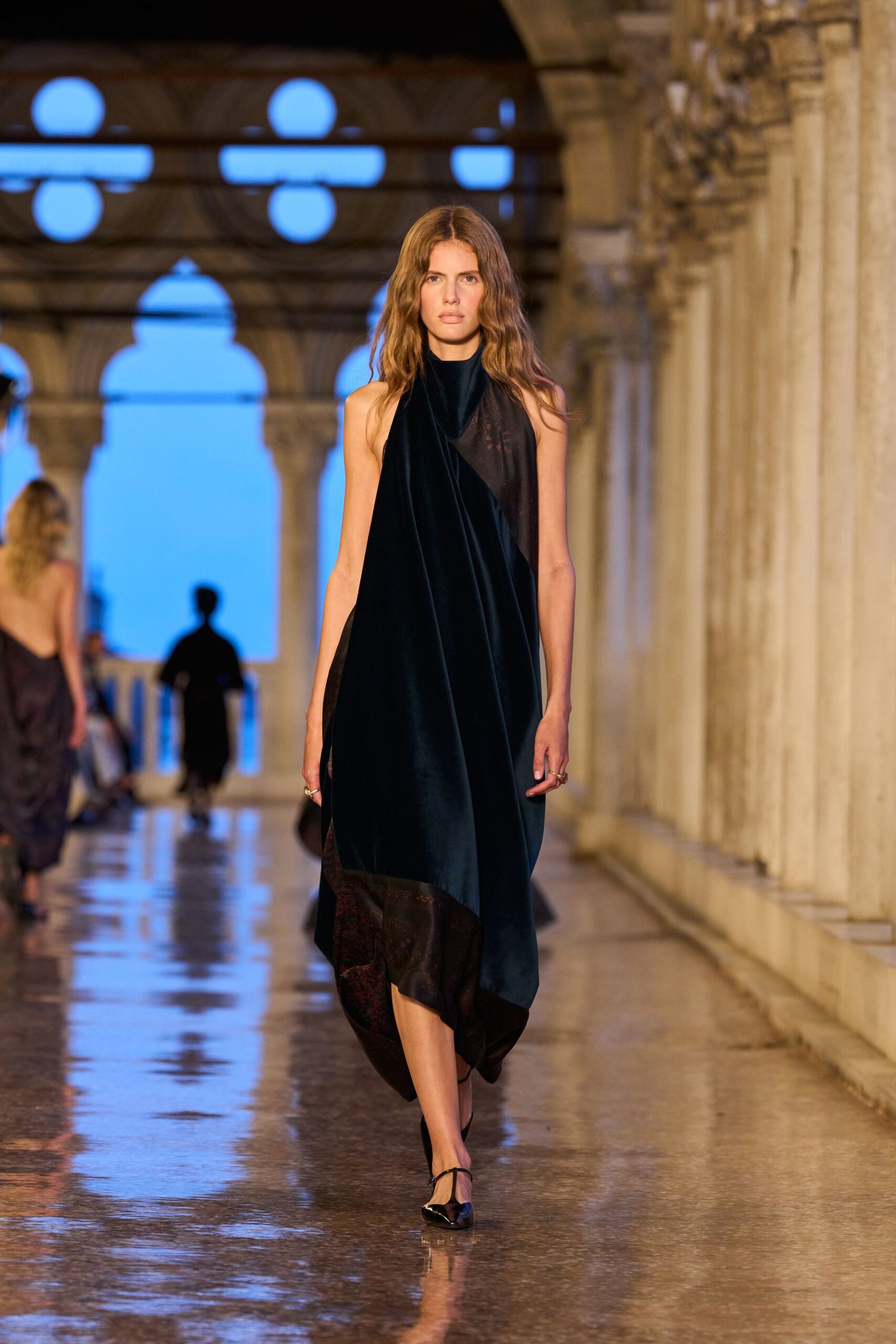 black blue silk draped midi dress