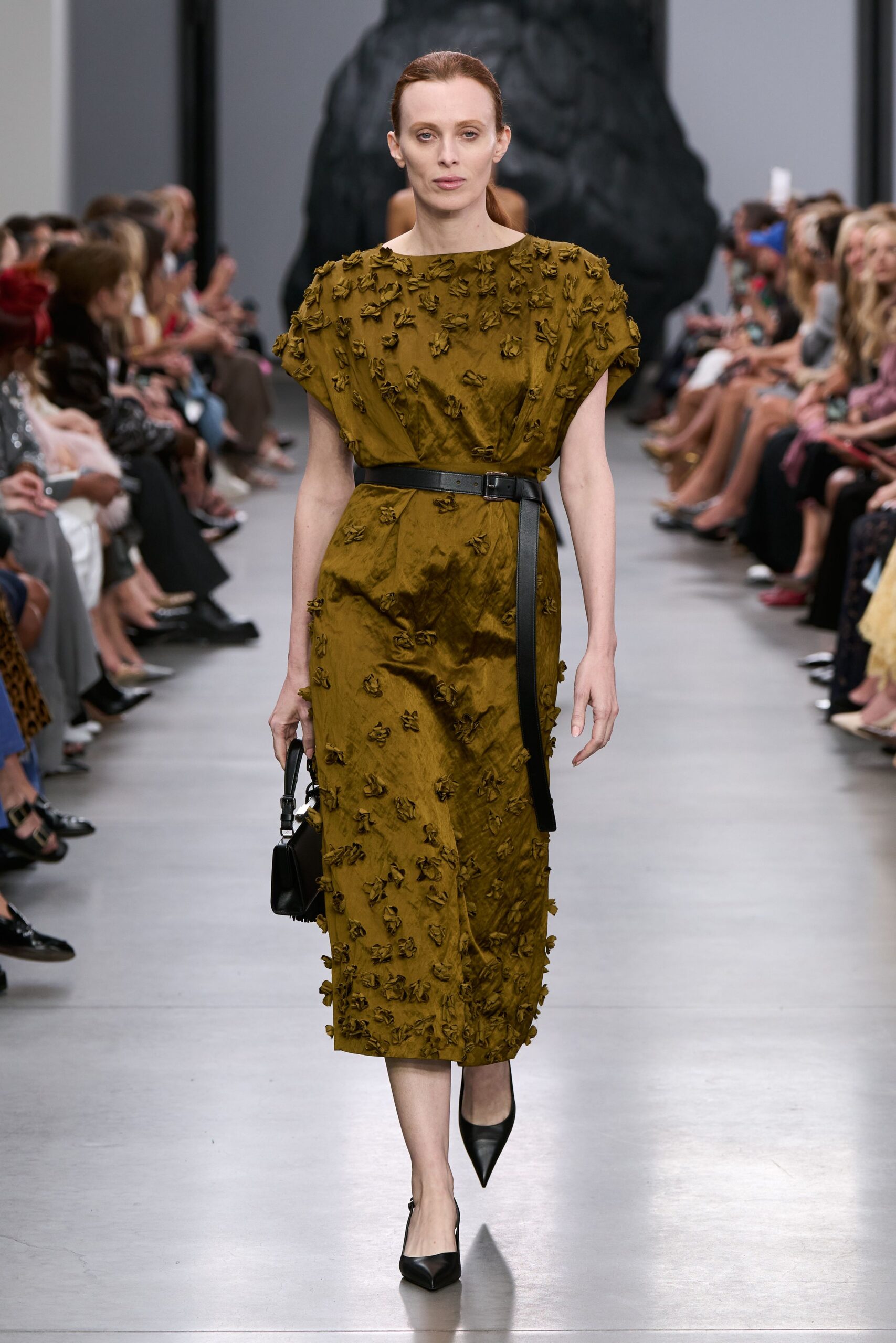brown silk short-sleeve collared fitted embroidered belted dress