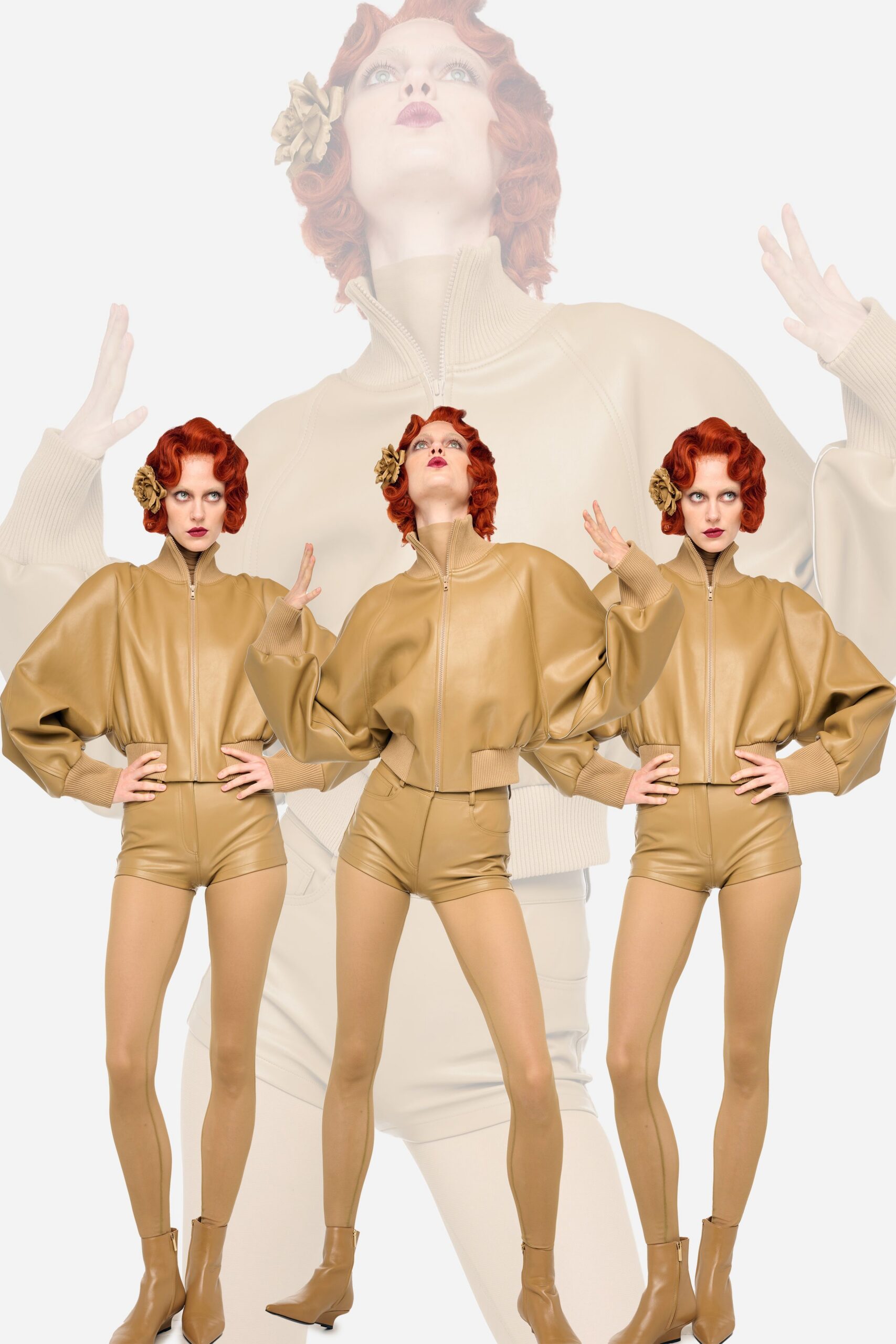 beige leather oversized jacket and shorts