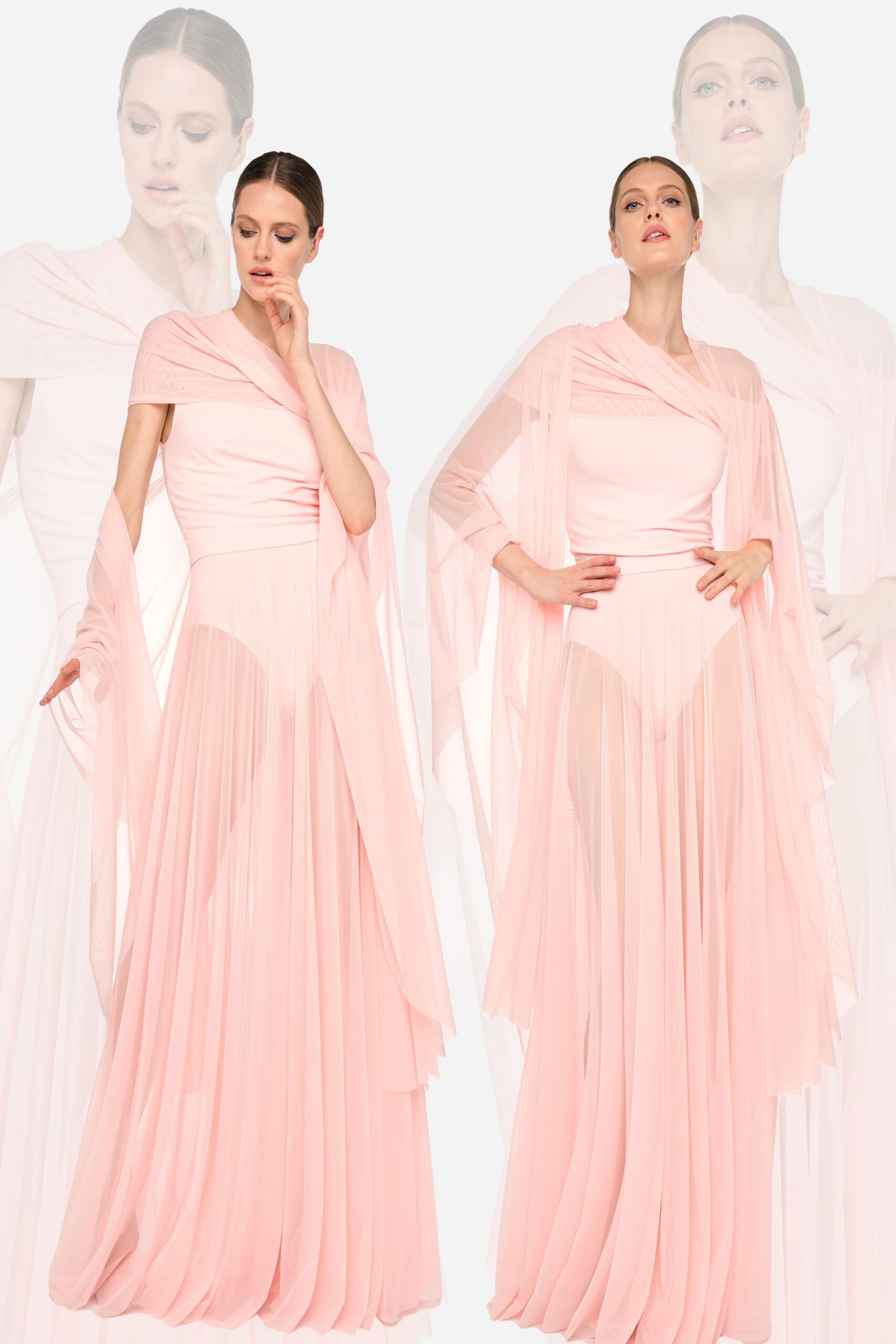 pink chiffon layered gown and cape