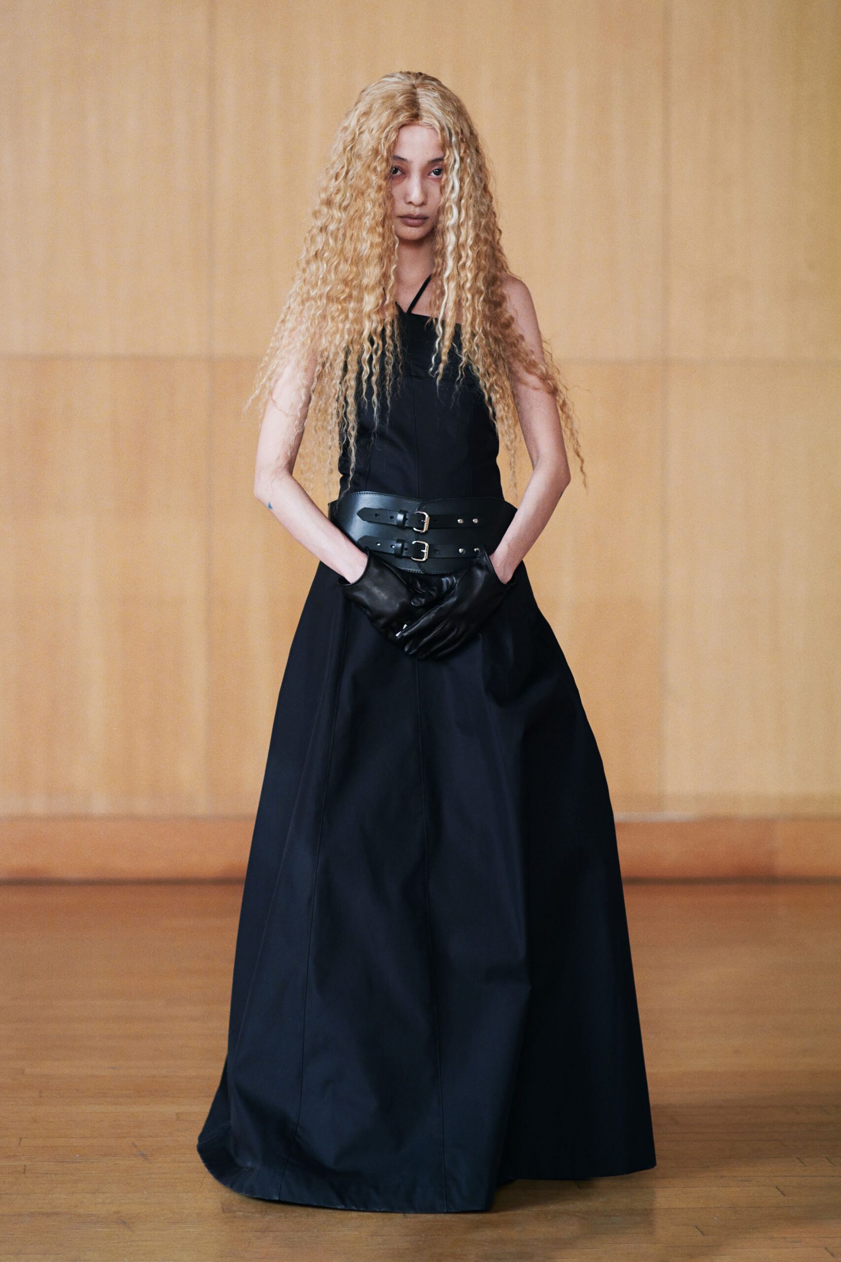 black fitted gown with gloves