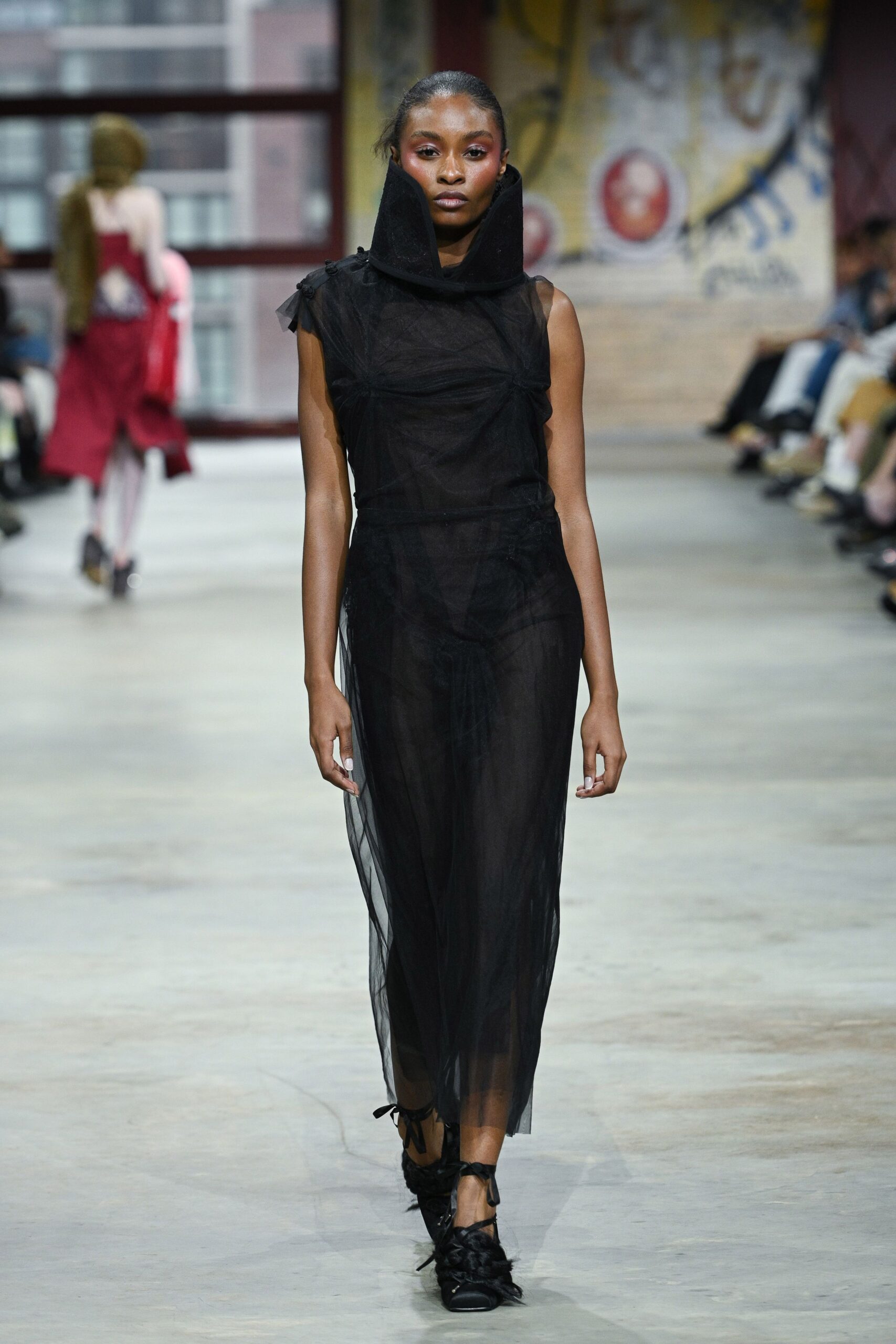 black tulle sleeveless high-neck fitted layered sheer dress