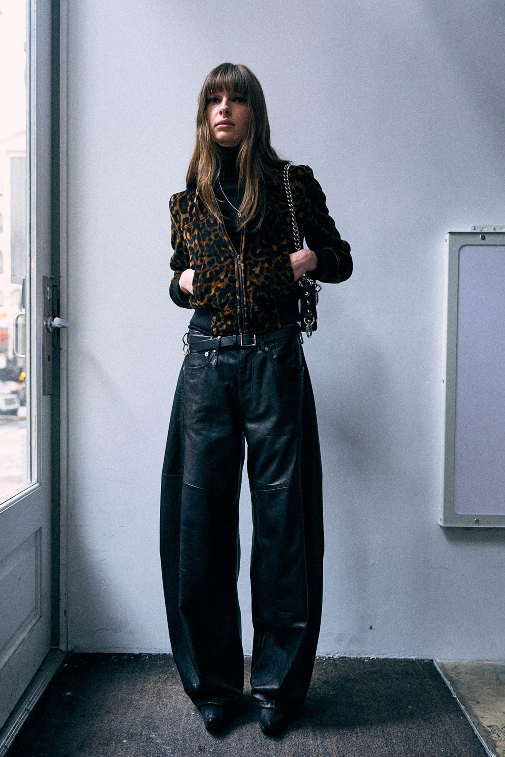 brown leather long-sleeve collared relaxed animal-print jacket
