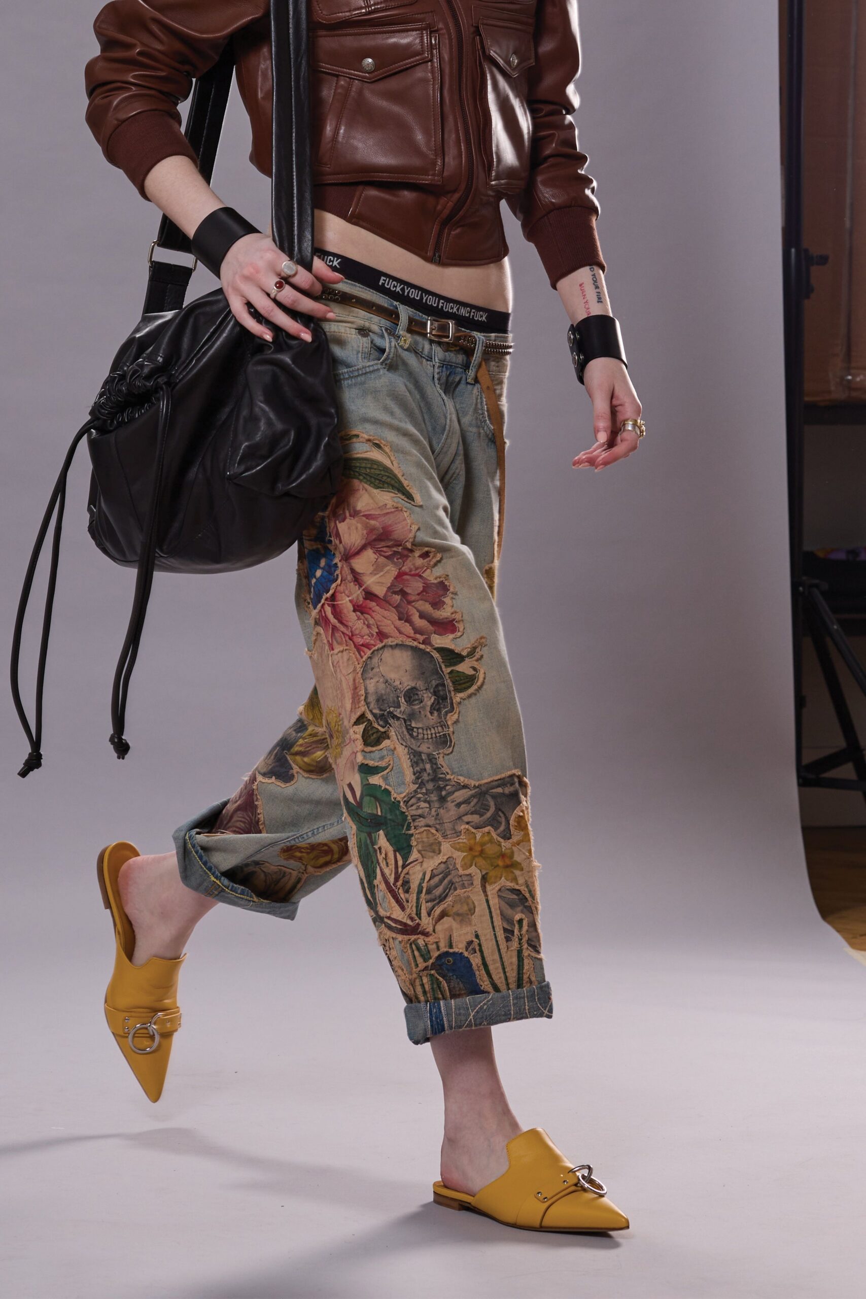 blue denim relaxed printed pants