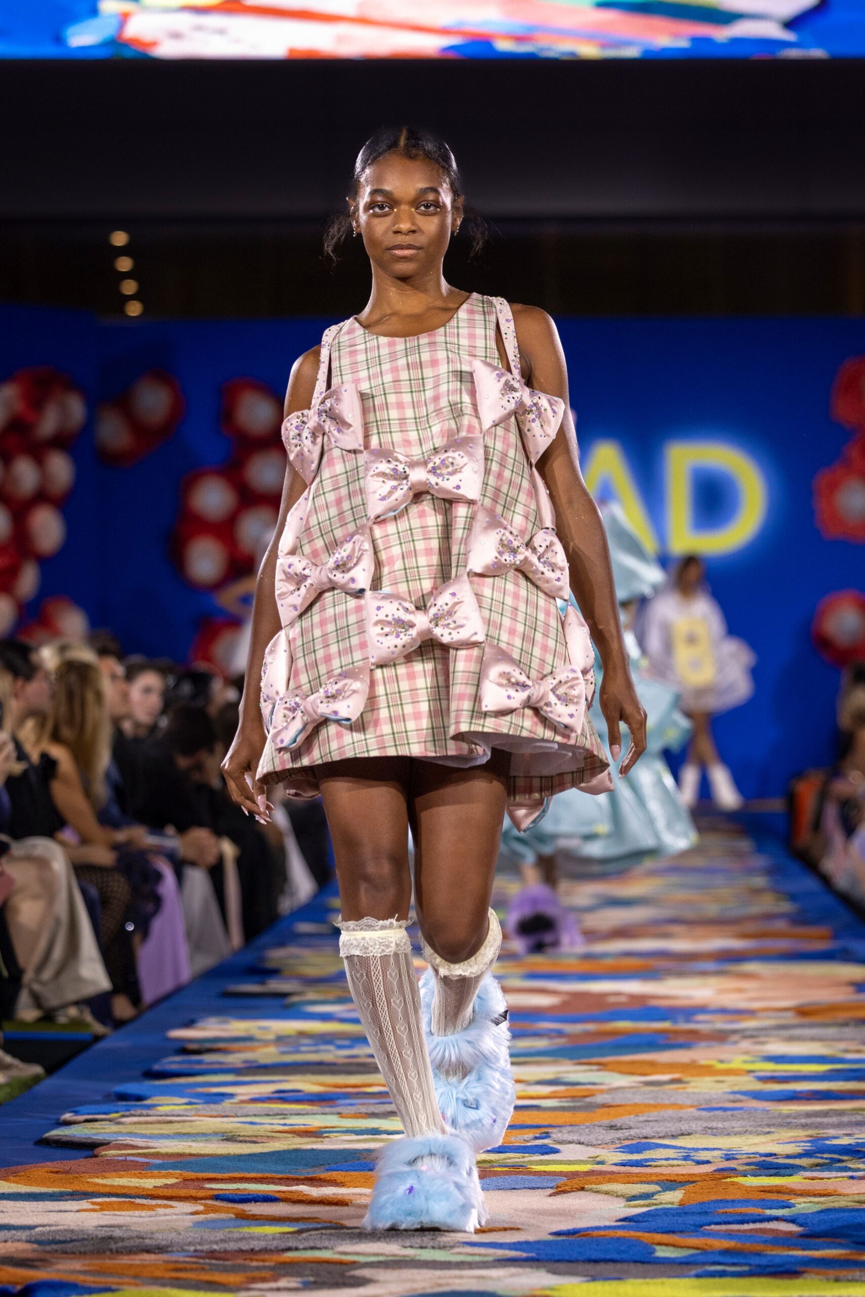 pink plaid relaxed dress with blue shoes