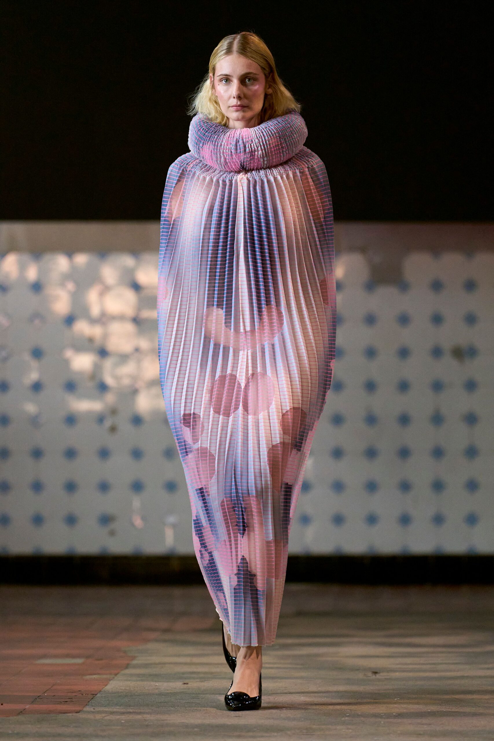 pink silk long-sleeve high-neck relaxed pleated printed gown