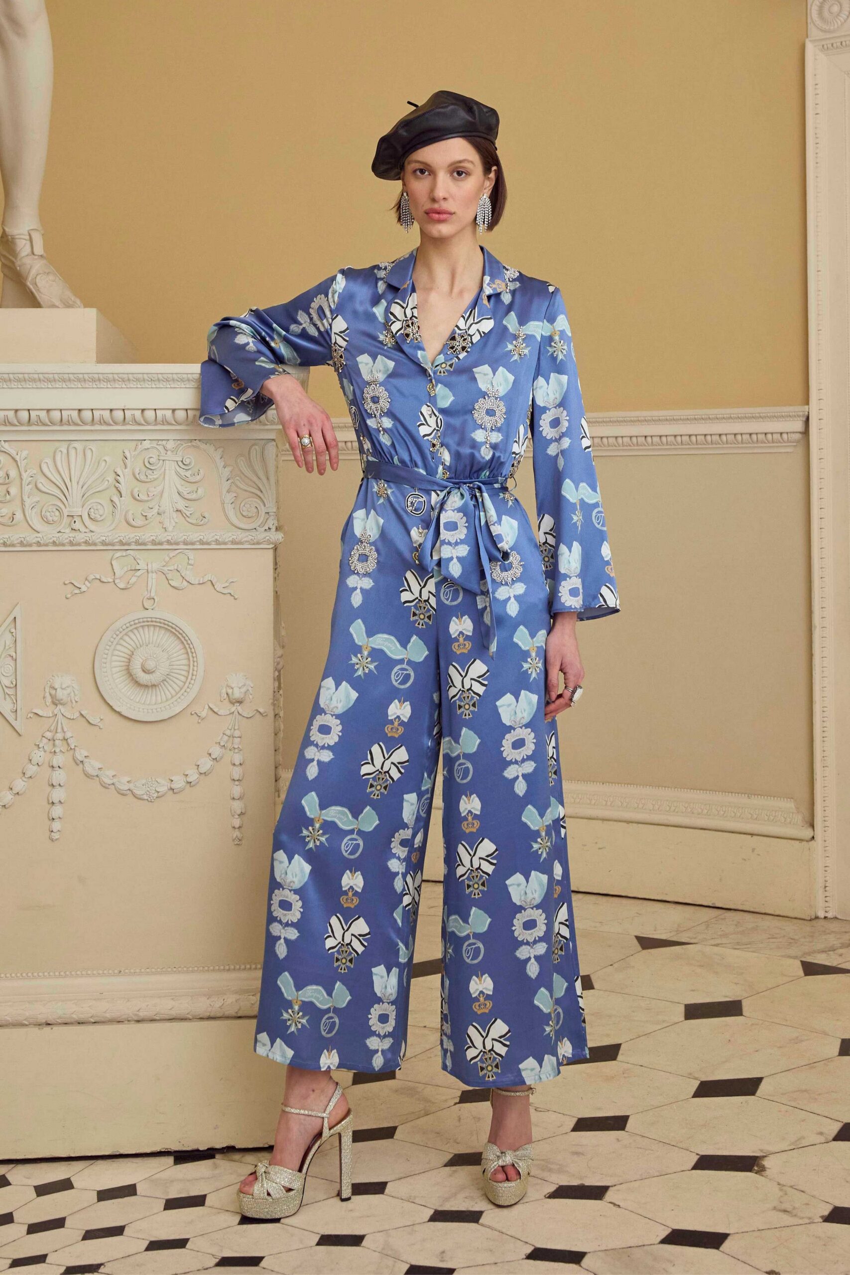 blue silk long-sleeve collared relaxed flared belted jumpsuit
