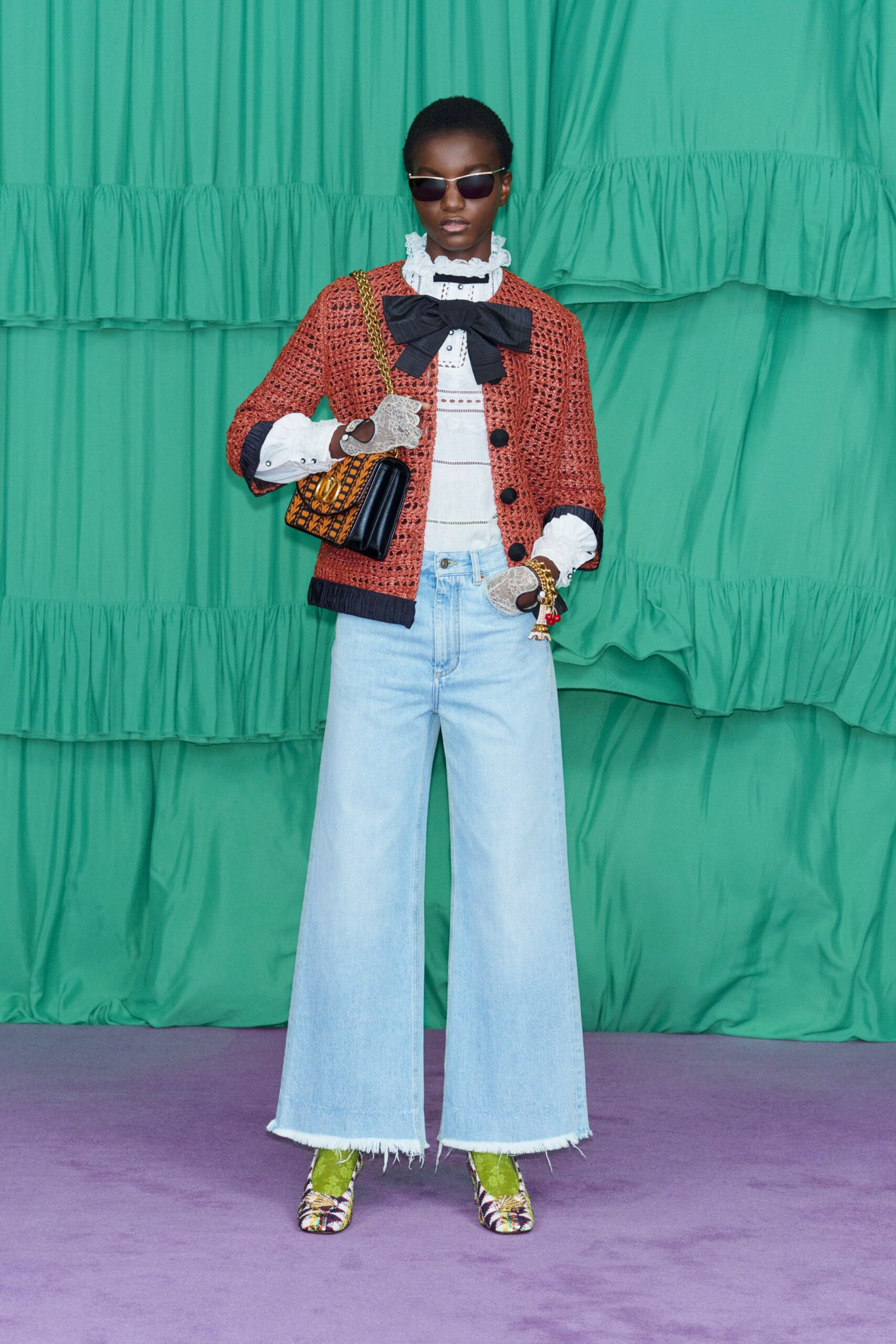 red cotton long-sleeve collared relaxed buttoned layered jacket