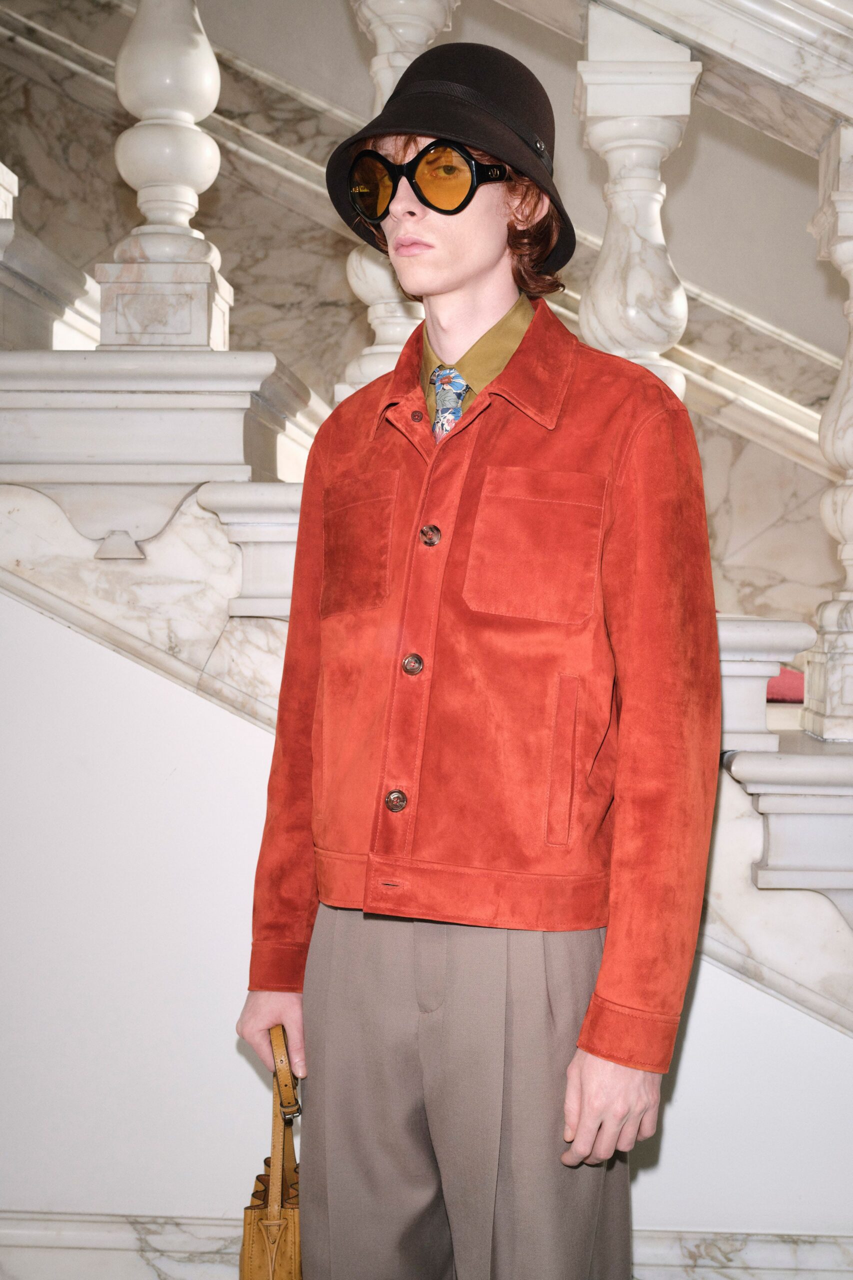 orange suede long-sleeve collared fitted buttoned jacket