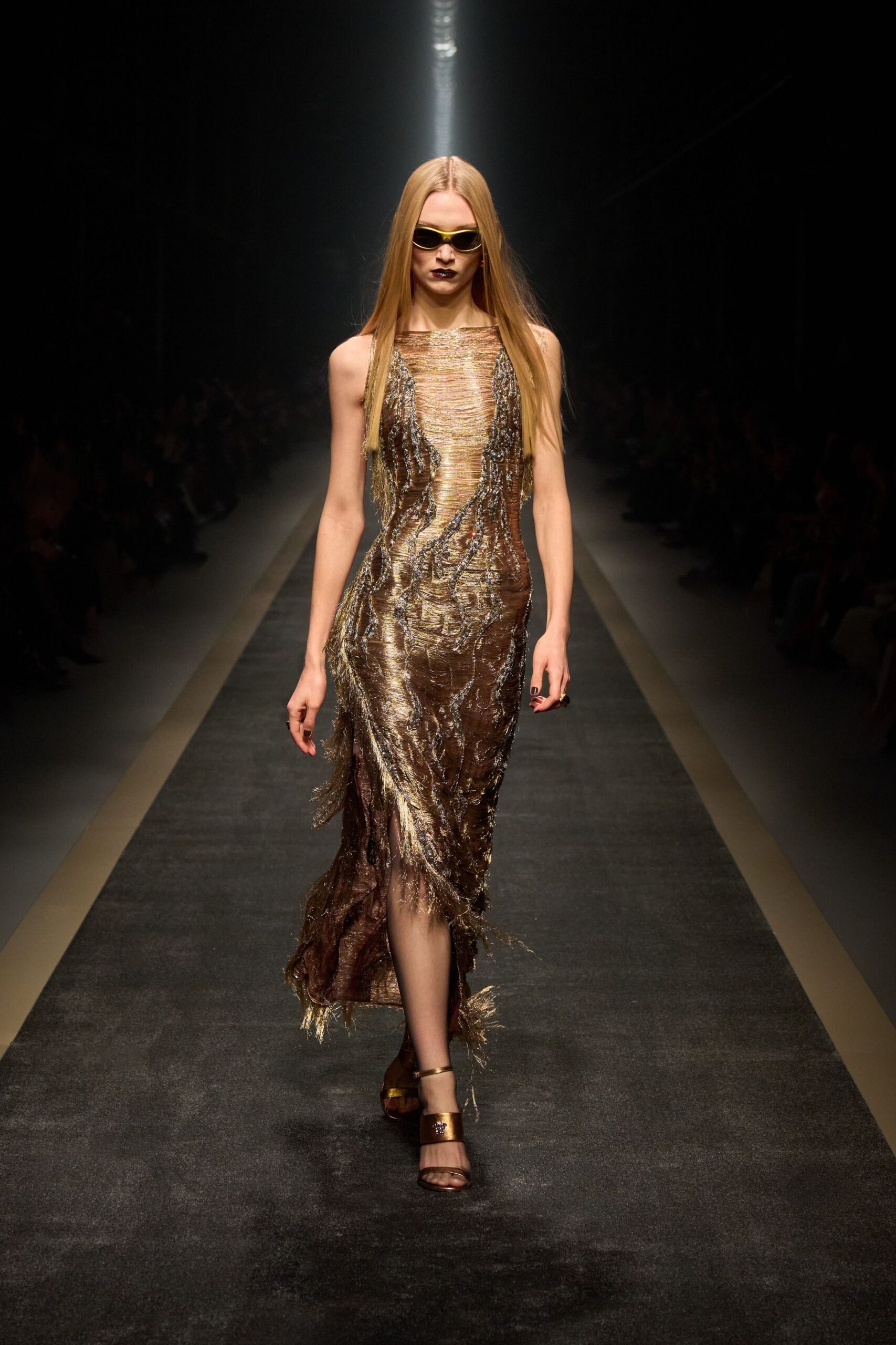gold brown fringed midi dress