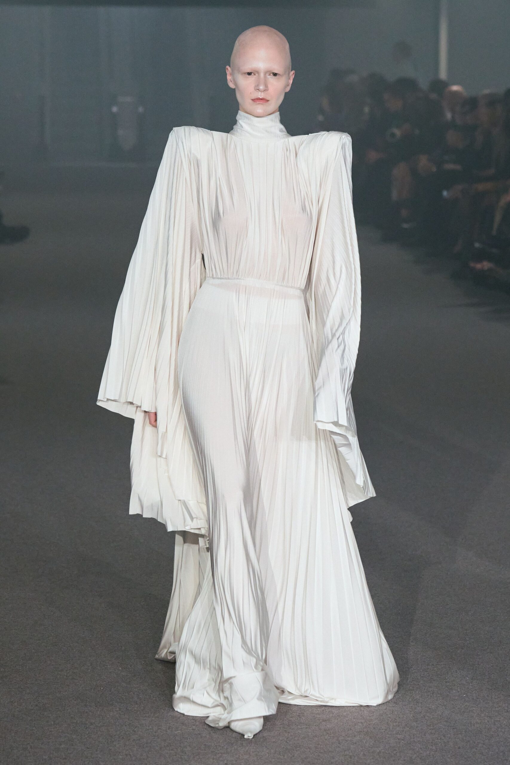 white silk pleated gown