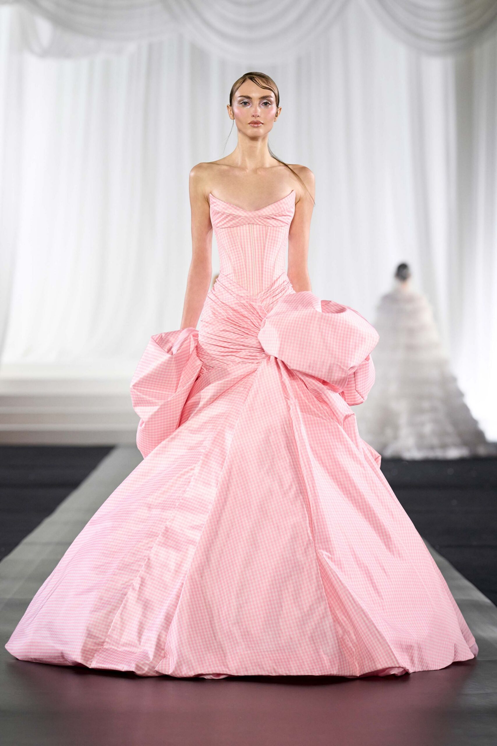 pink pleated strapless gown