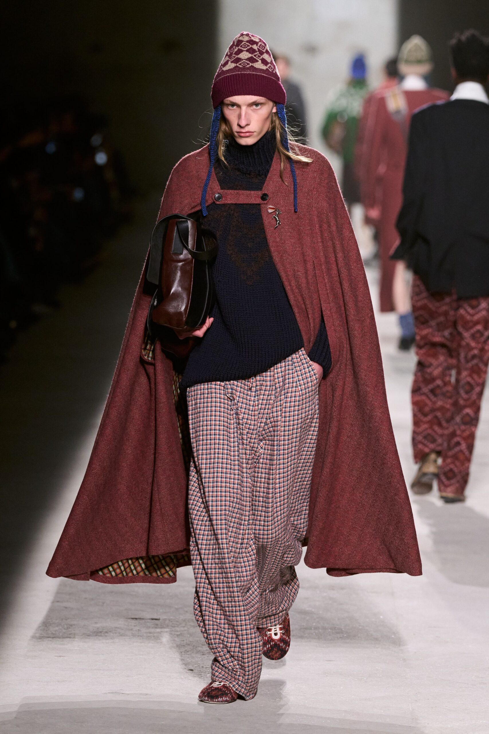 red wool cape with navy sweater